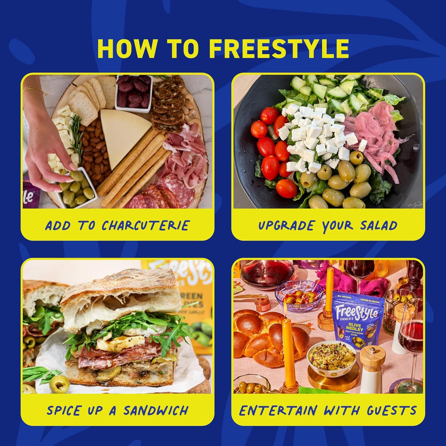 Freestyle Snacks Olive Packs - Olive Medley Bundle - Mediterranean Herb, 4oz (3 Pack) + Kalamata Olives, 4oz (3 Pack) - Fresh Pitted Green & Kalamata Olives, Jumbo-Sized, Grown in Greece & Vegan