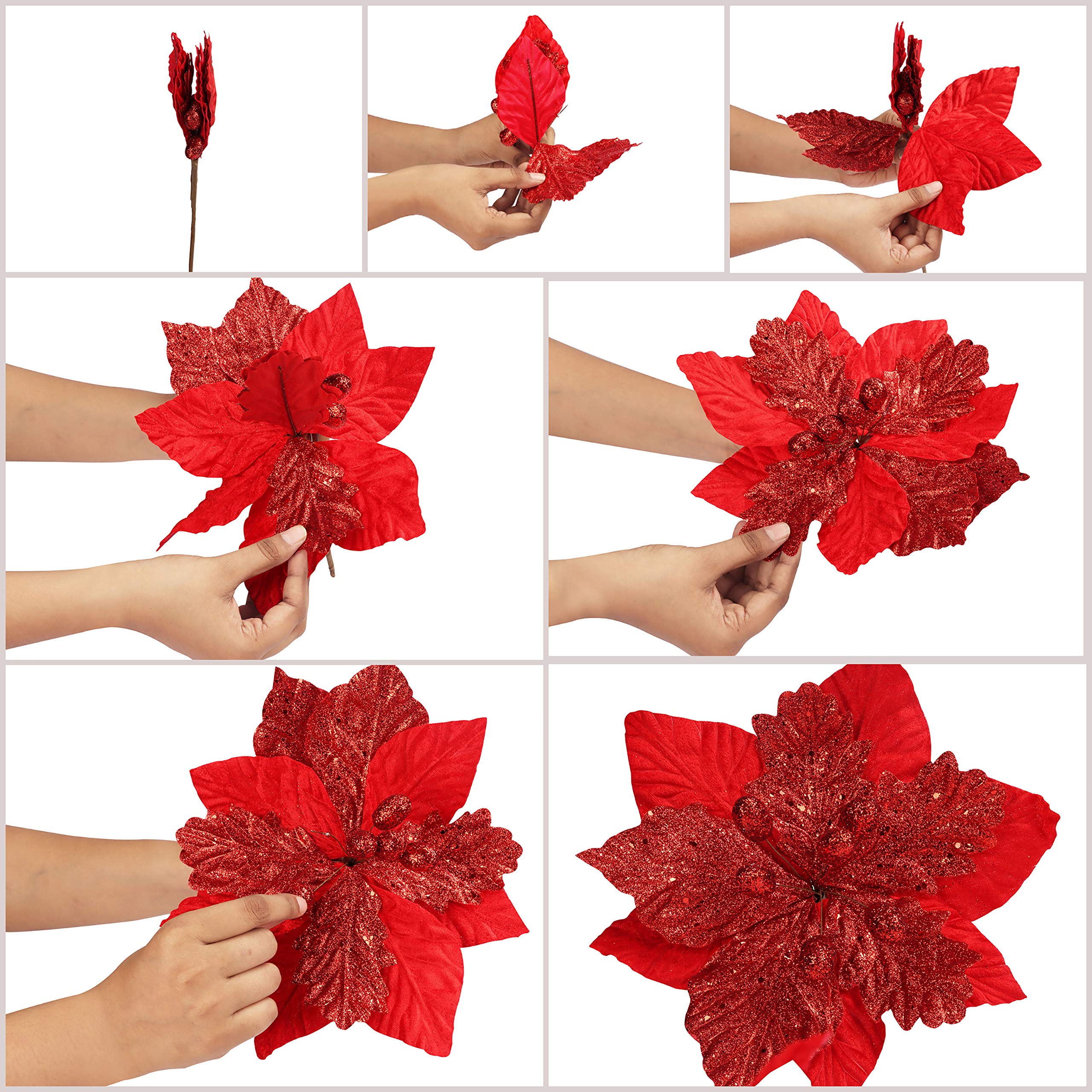 Kit Déco Noël 18 Pièces - 12 Fleurs De Noël (poinsettias) Rouges + 6 Branches De Sapin Artificielles - Pour Intérieur Et Extérieur