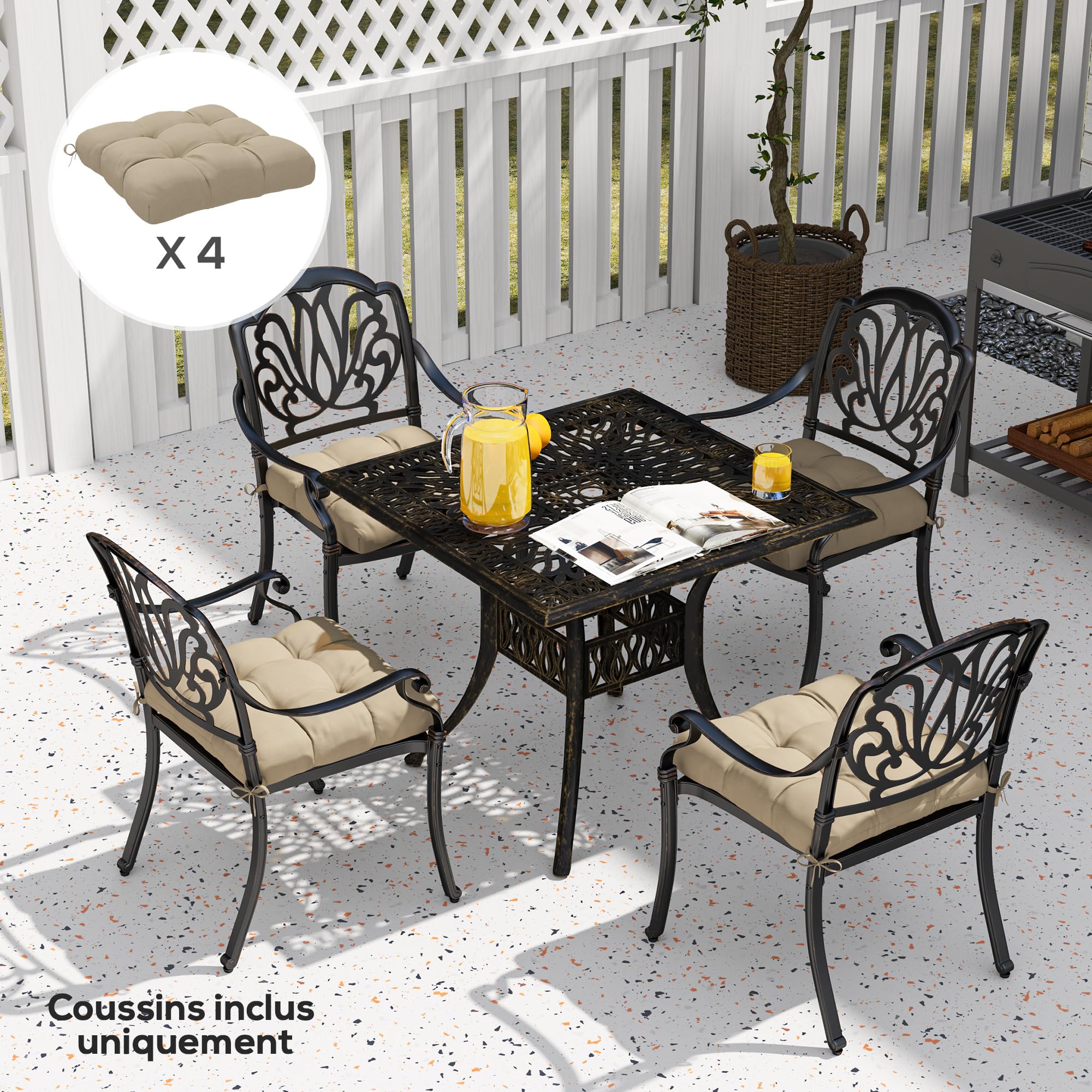Outsunny Set di 4 cuscini per sedie da giardino, Cuscini imbottiti per esterni, imbottitura 10 cm con lacci, dim. 48L x 48l cm Khaki