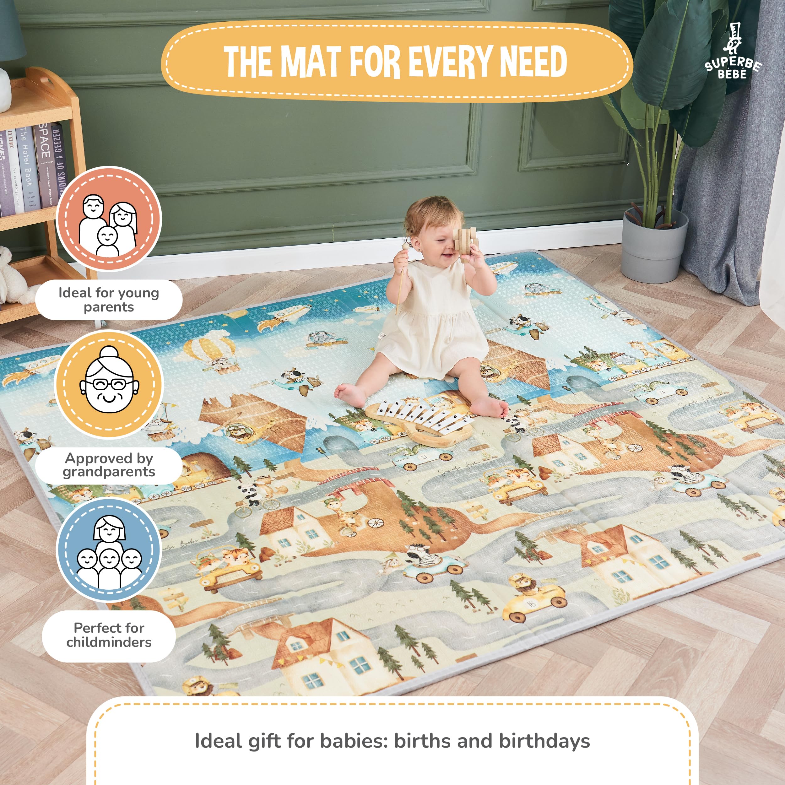 Tappeto Gioco Bambini Pieghevole 150x180x1cm Palestrina Neonato Montessori Reversibile Non Tossico E Impermeabile In Schiuma Per Bimbi. Palestra Neonati - Tappeto Tummy Time Neonati - Regalo Bambino