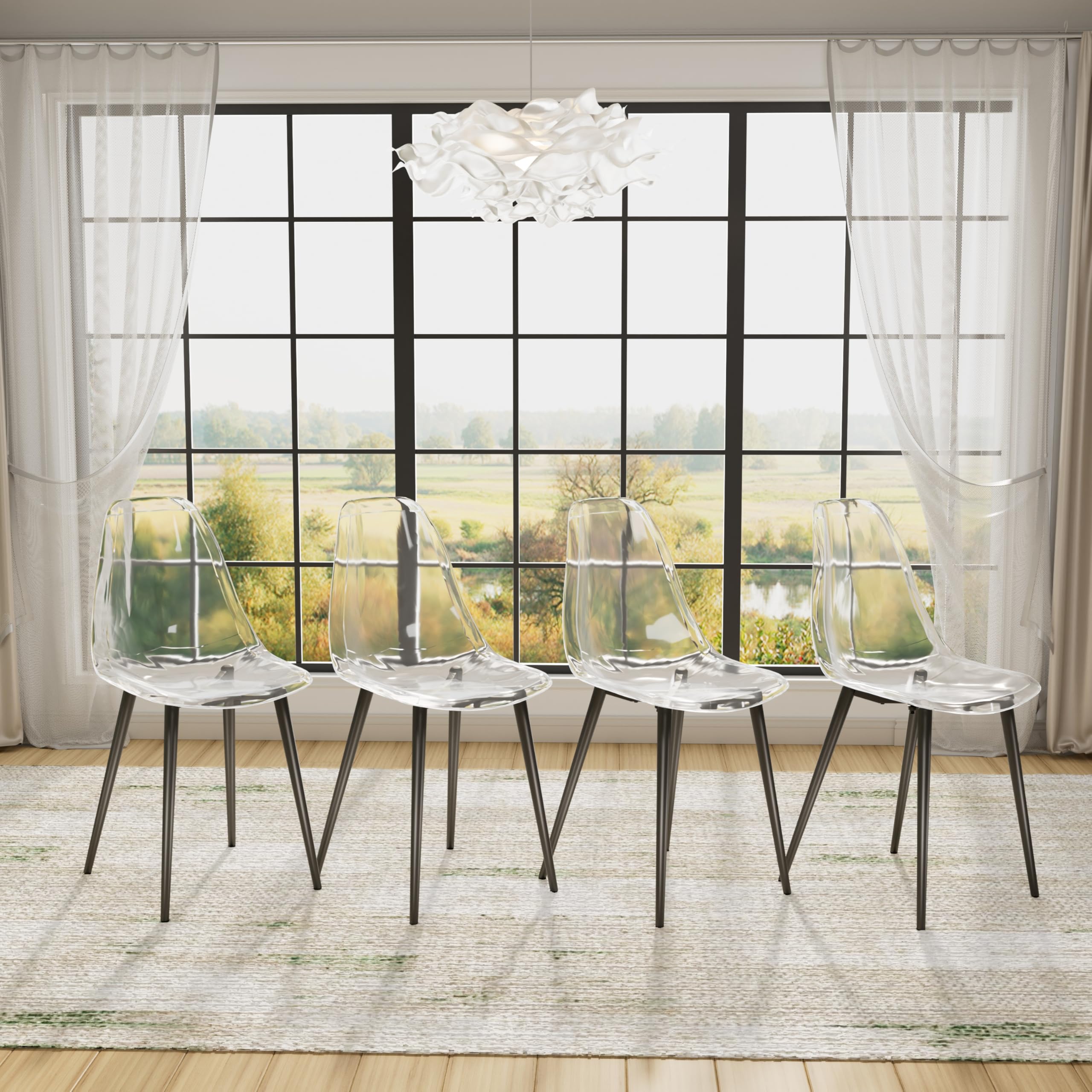 Baysitone Clear Dining Chairs Set of 4, Modern Kitchen Chairs with Transparent Seat, Acrylic Accent Side Chairs with Plating Metal Legs for Dining Room, Kitchen, Living Room with Black