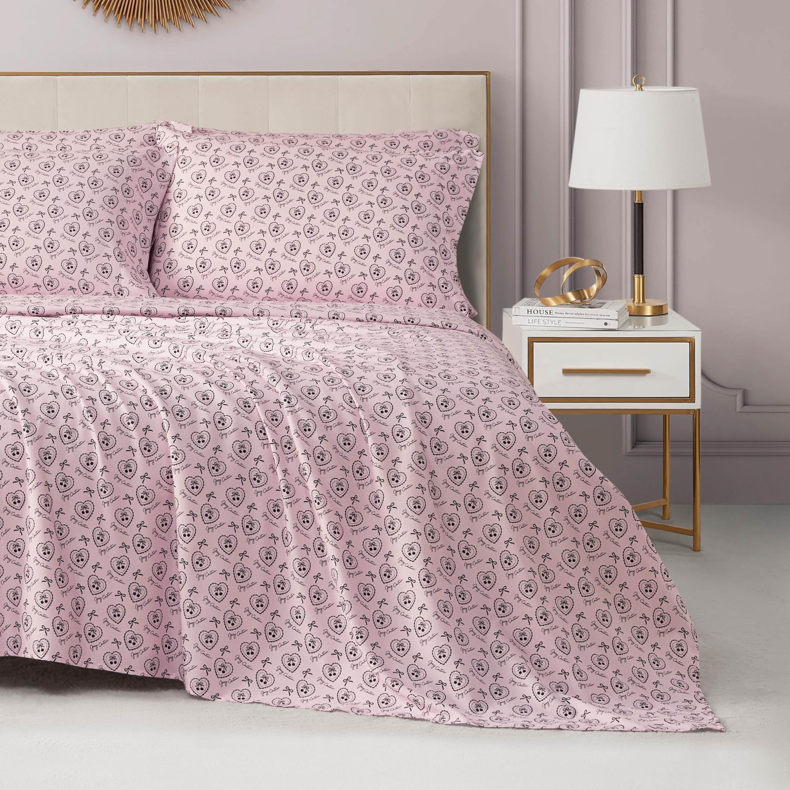 Juicy Couture Printed Microfiber 6-Piece Full Sheet Set, Vintage Cherry Hearts Light Pink