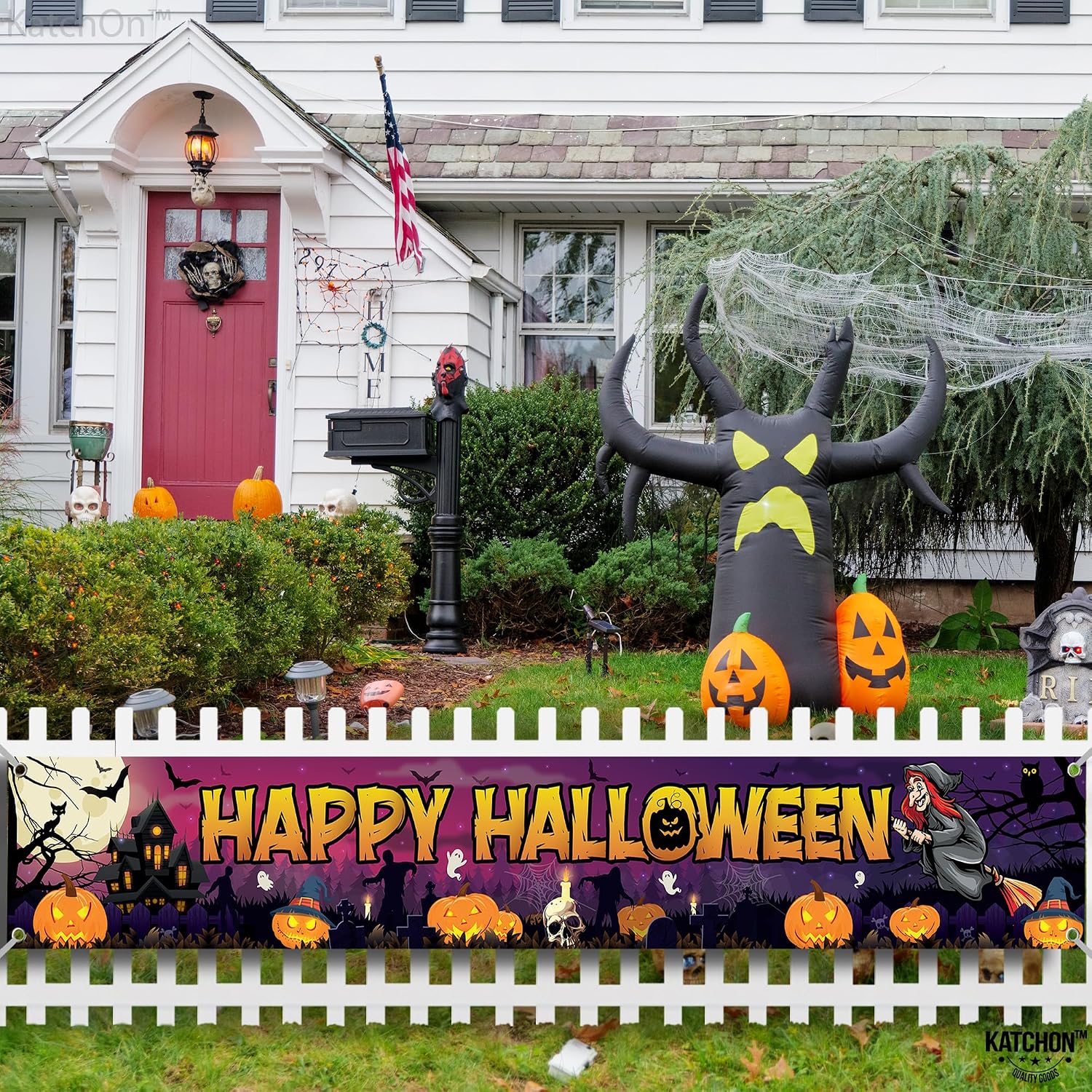 Katchon, Happy Halloween Banners For Outside - Xtralarge, 120x20 Inch | Halloween Yard Banner | Outdoor Banner for Porch, Fence, or Garden Decorations | Hanging Banners for Outside Yard Decor