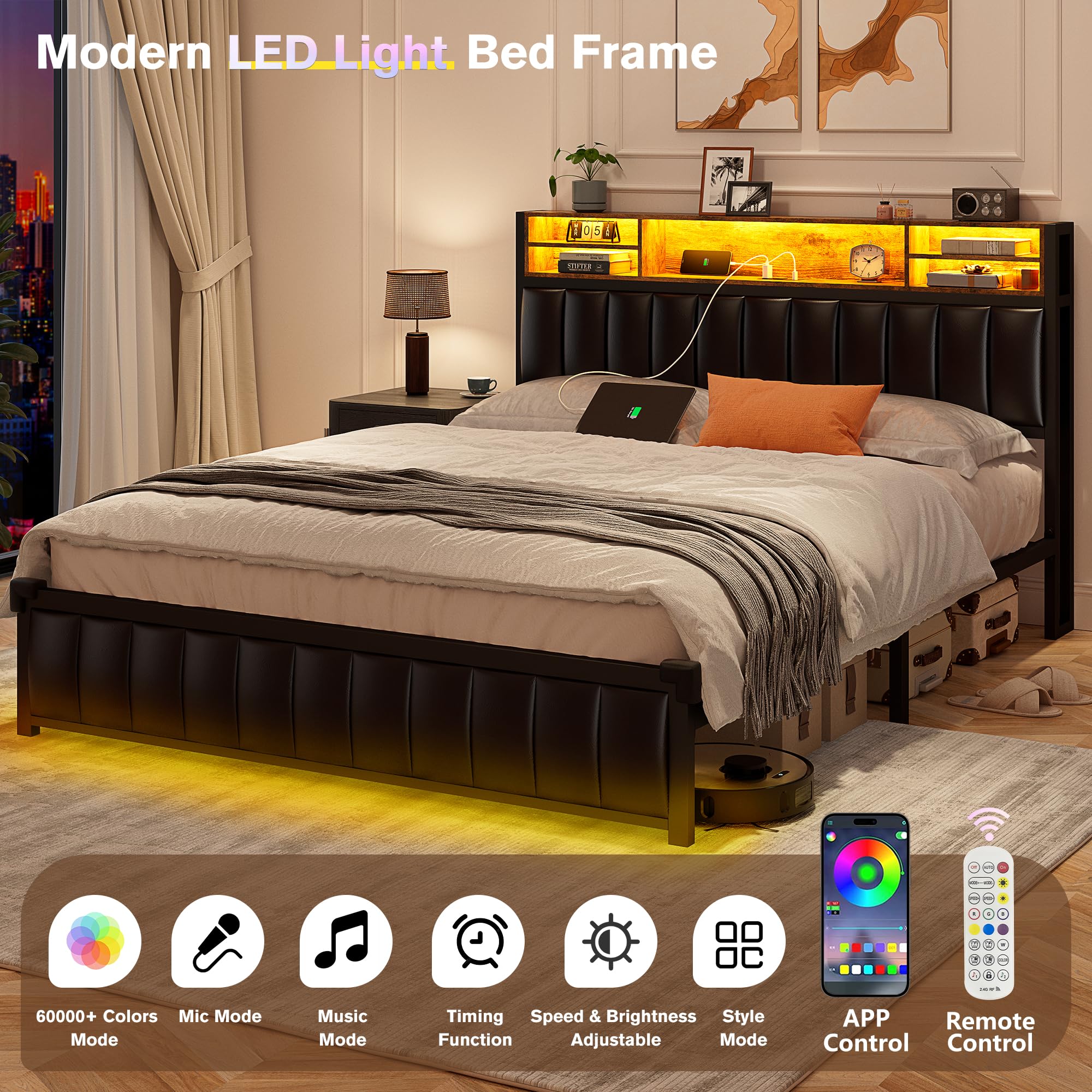 木製クイーンベッドフレーム LEDライト付き rick-store_ww-311