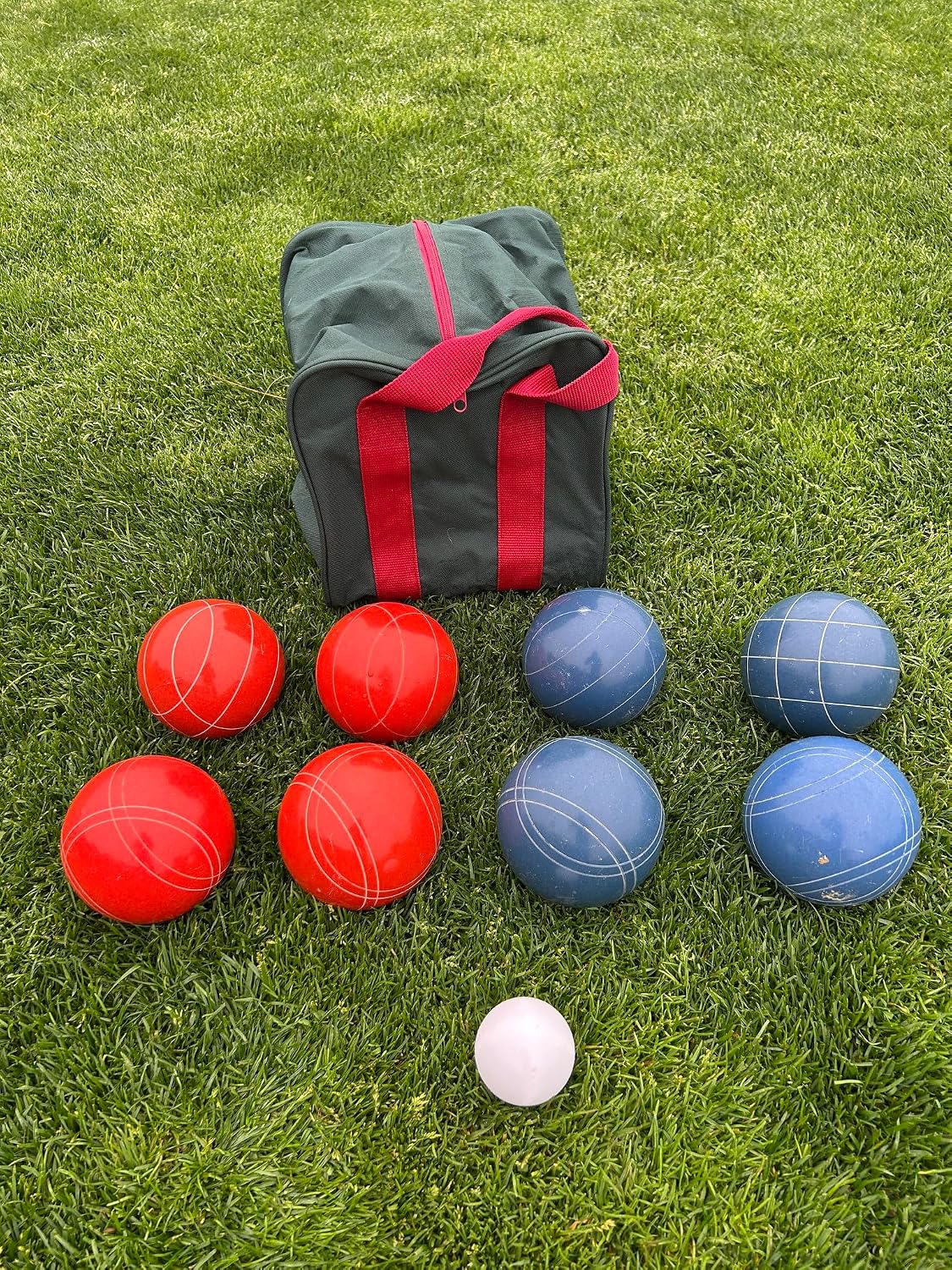 BuyBocceBalls Listing - Made in USA, Premium Quality Official Tournament Bocce Set - 110mm Blue and Dark Orange Balls Nylon Bag; Regulation Size Balls 998 Grams (2 lbs. 3 oz.)