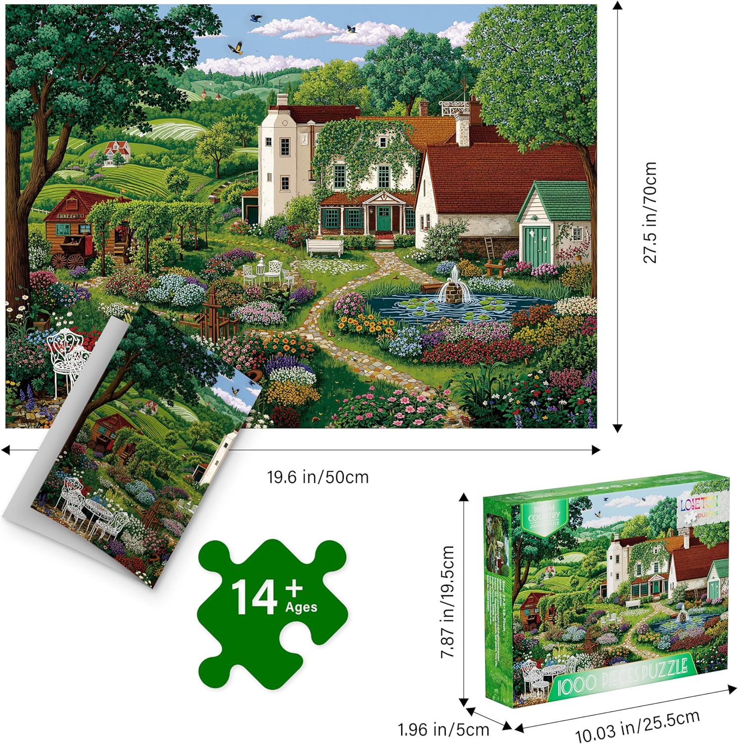 Puzzles for Adults 1000 Pieces - Spring Farm Landscape, Country Life Natures Adults Puzzles with Tree Bird, Letter on Back No Dust, Matte Finish Jigsaw Puzzles Home Decor, 27.5" x 19.7" Gifts Games