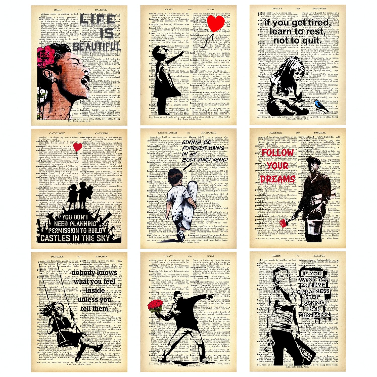 Banksy Wall Art Set – Motivational Graffiti Street Art Positive Inspirational Quotes Encouraging Poster for Living Room Teens Bedroom Home Office Decor – Unframed 8 x 10 Dictionary Prints