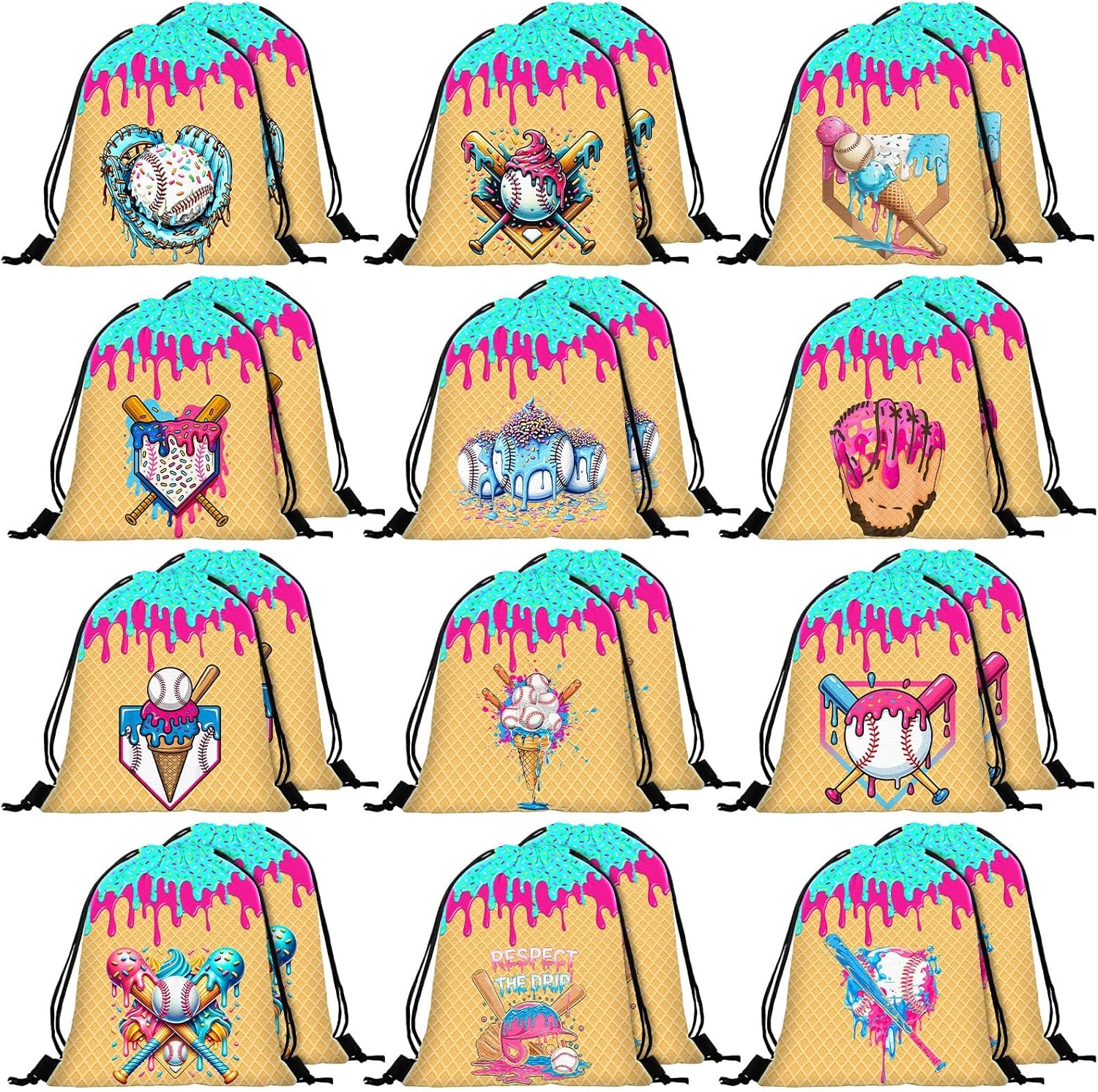 Woanger 24 Pcs Ice Cream Drip Baseball Drawstring Bags Bulk 11.81x9.84 Inch Sport Party Favor Backpacks Baseball Gift Bags Waterproof Lightweight String Cinch Backpacks for Travel Sport Camp Party