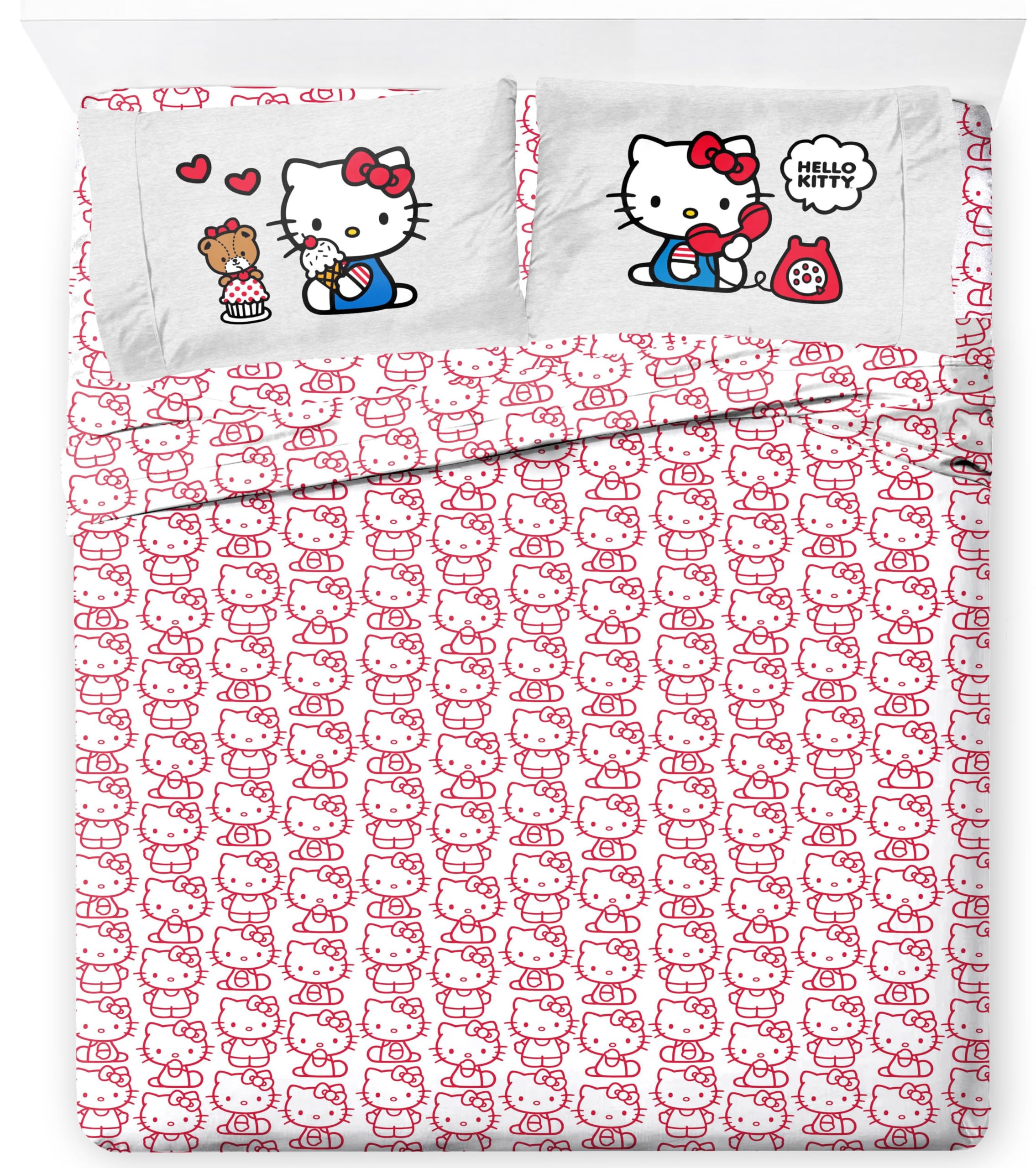 Jay Franco Sheet Set with Fitted, Flat Sheets & Pillow Cover - Ultra-Soft Bedding with Pillowcase for Room Decor, Red - Hello Kitty, 4 Piece Queen