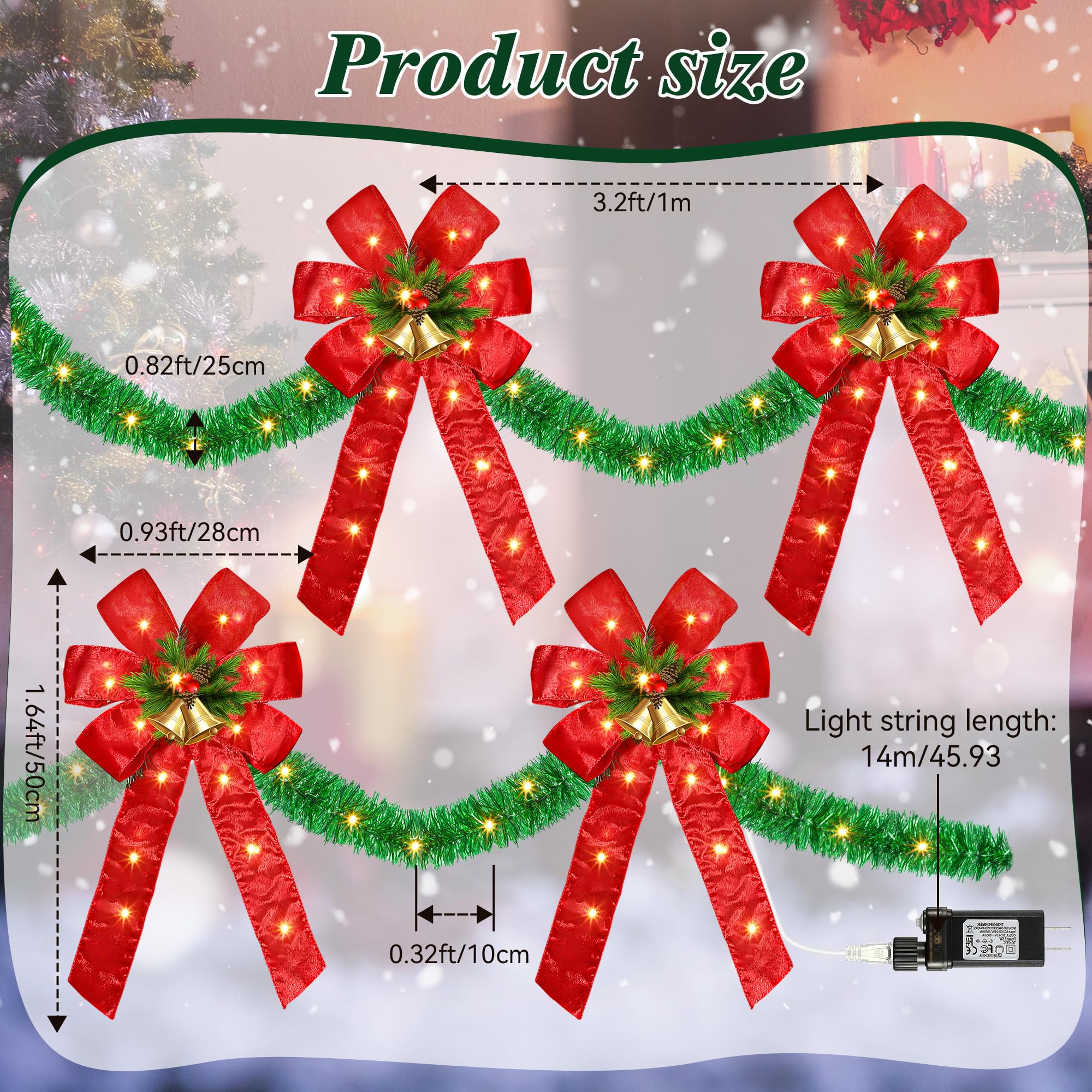 Nœuds de Noël de 4 m pour décoration de clôture, grands nœuds de Noël éclairés à 140 DEL avec 8 modes et minuterie pour porte d'entrée de fête, cheminée (rouge, guirlande artificielle)