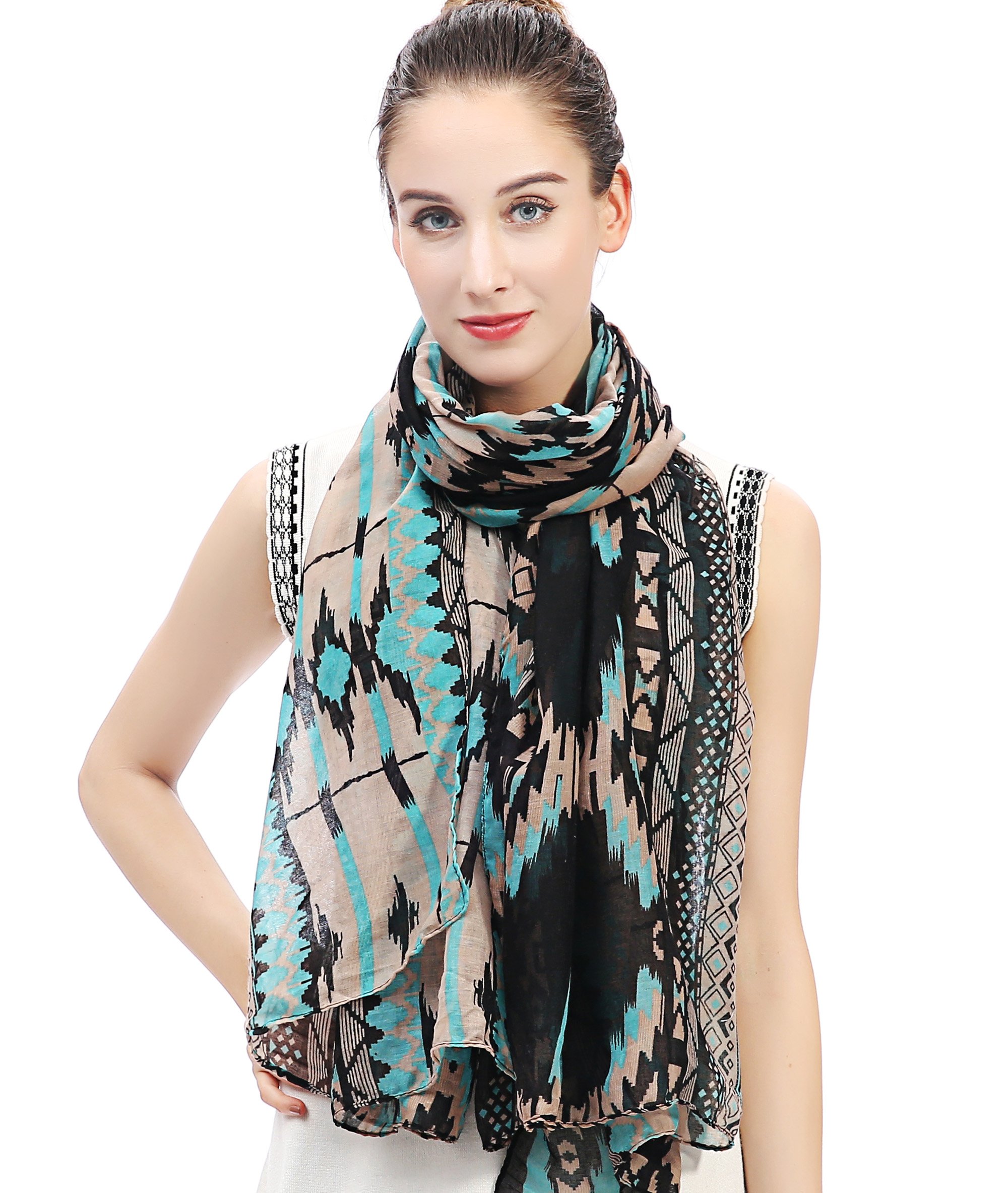 Lina & Lily Tribal Aztec Print Women's Scarf Oversized (Blue and Black)