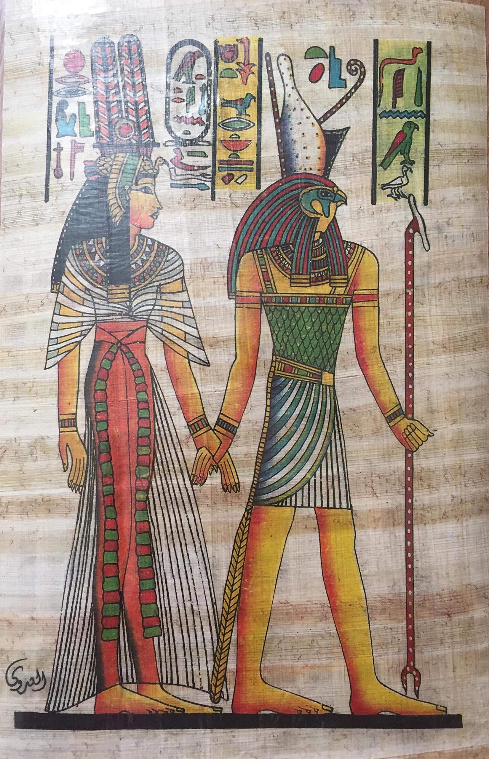 Antichi disegni egiziani su papiro autentico A4 (regina Nefertari e Horus)