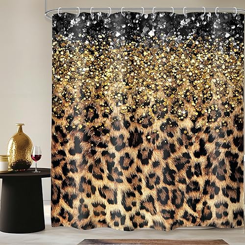 Miniatura 15 de LIGHTINHOME Cortina de ducha con estampado de leopardo, 72 pulgadas de ancho x 72 pulgadas de alto, diseño retro rojo de cerezo, negro y marrón,