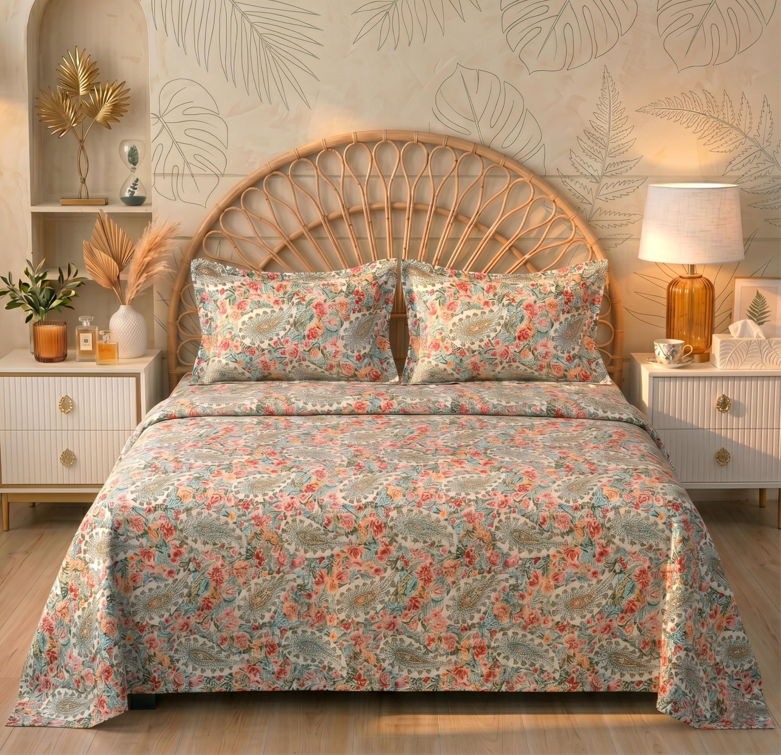 VAS COLLECTIONS Floral Printed King Size Cotton Bedsheet with 2 Pillow Covers | Luxury Double Bed Bedding Set 86x88 Inches | Ultra Soft, Breathable & Wrinkle Resistant (Boho Blossom Cream)