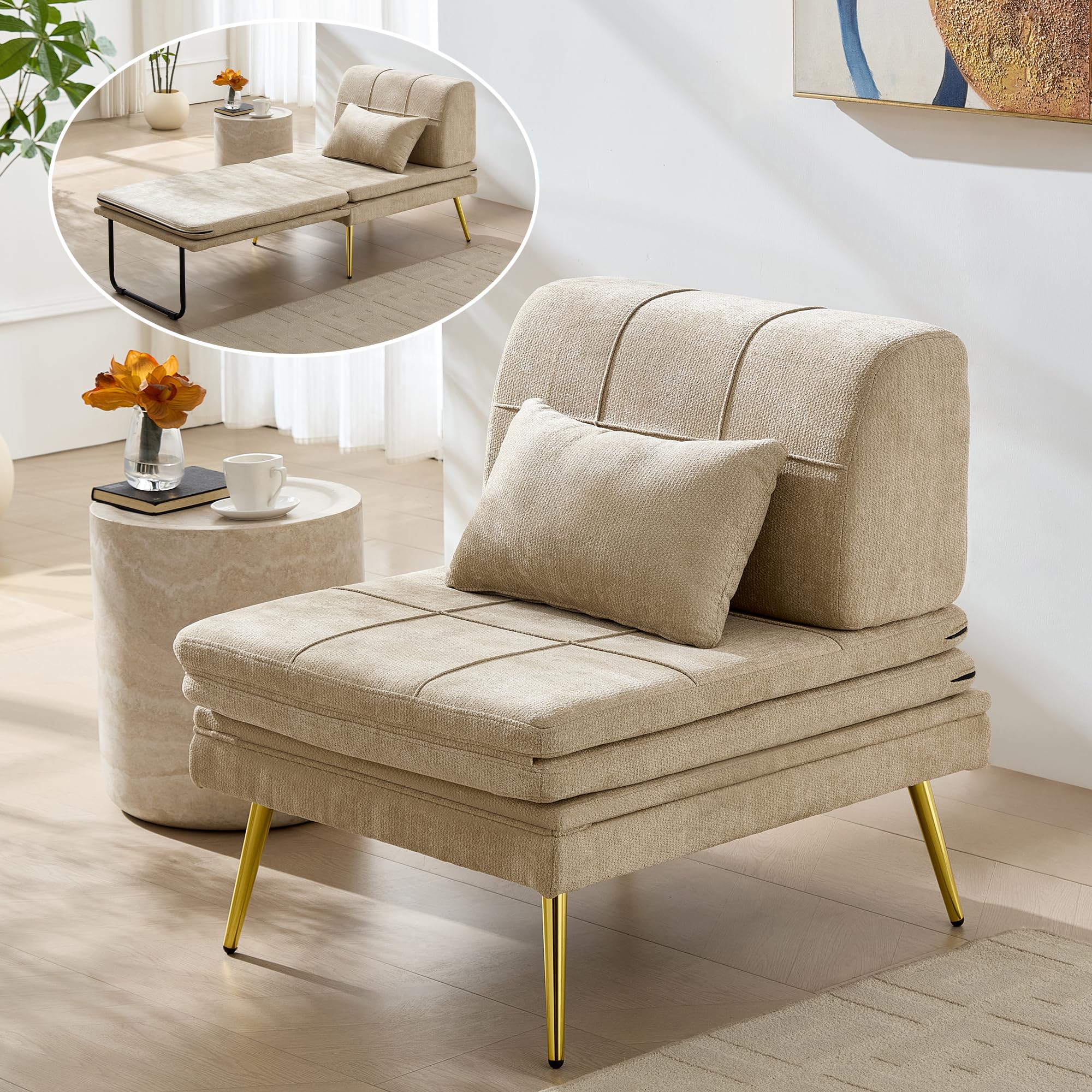 Fauteuil Convertible 1 Place 3 en 1, Chauffeuse Canapé-lit Fauteuil Convertible avec Coussin pour Les Chambres d'amis et Les Petits Espaces (Beige)