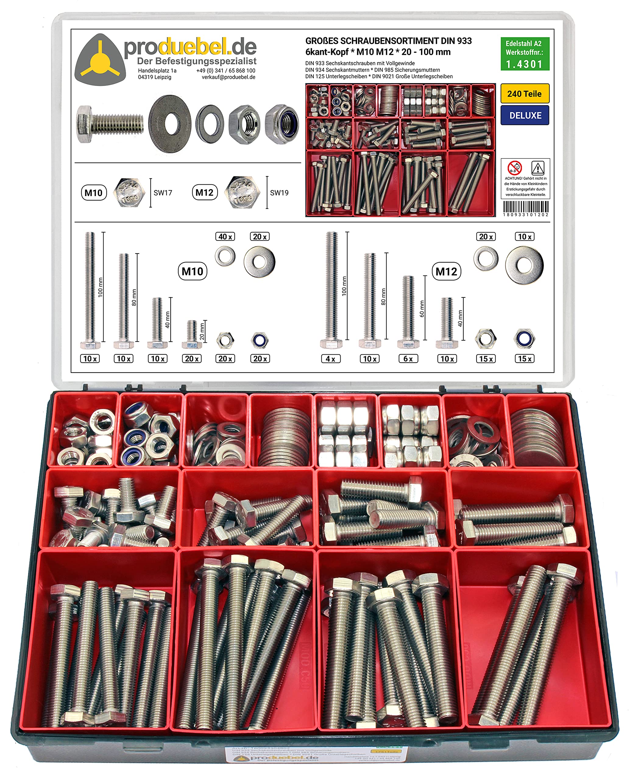 Großes Schrauben-Sortiment DIN 933 M10/M12 Edelstahl A2 V2A (DIN933+934+985+125+9021) 240-tlg (Deluxe-Box)