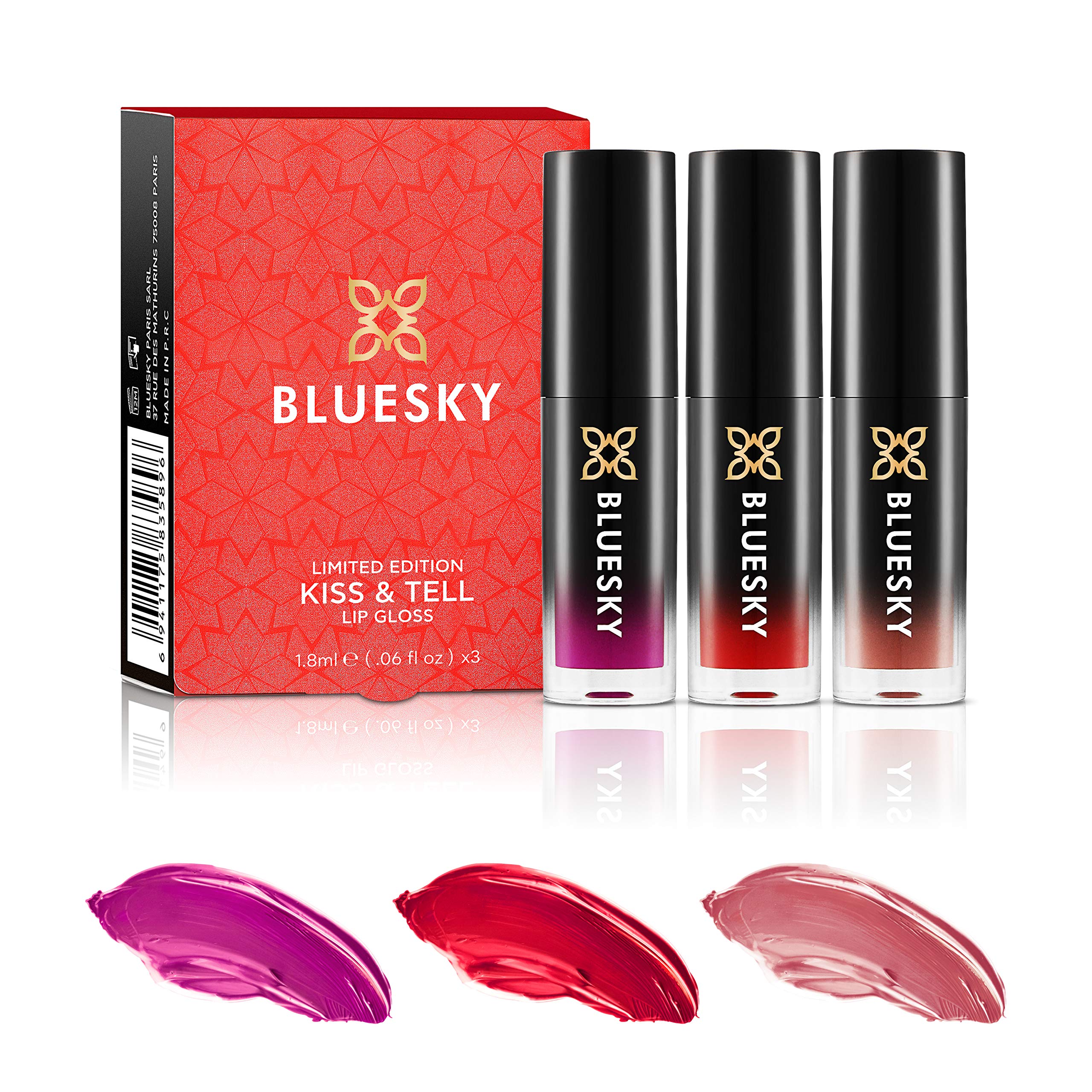 Bluesky Makeup Lip Gloss Set, Valentines Gift set - Kiss And Tell, Long Lasting, Red, Pink, Nude. Valentines gifts for her