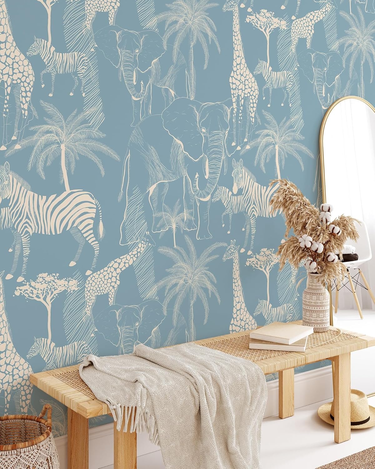 Blue Safari Animals Wallpaper | Removable Self Adhesive Jungle Animals Wallpaper | Peel and Stick Wallpaper (1 roll 24" W x 96" H)