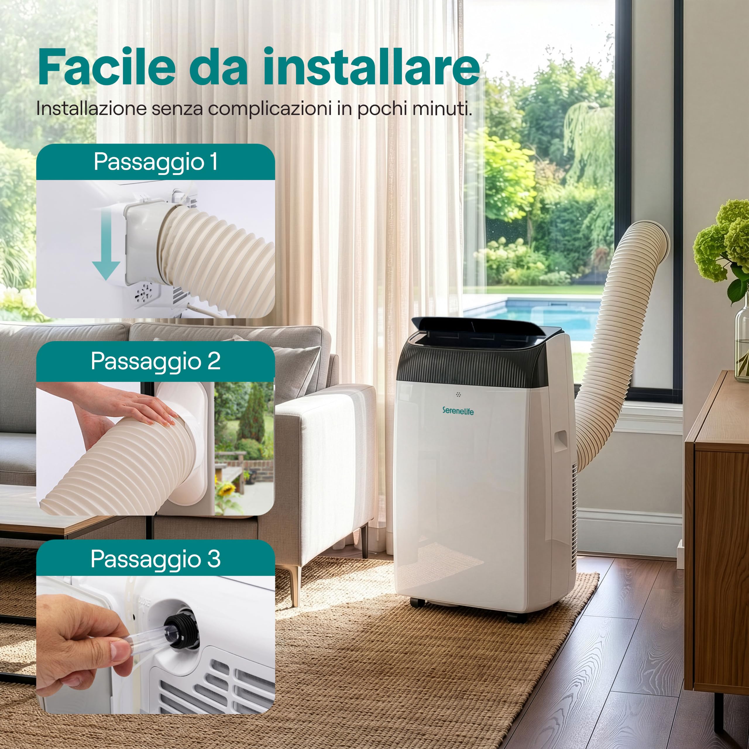 SereneLife Climatiseur Mobile 14000 BTU 2,9 kW avec Évacuation – WiFi 4 en 1 pour pièces jusqu’à 45 m², Refroidit Chauffe Ventile Déshumidifie