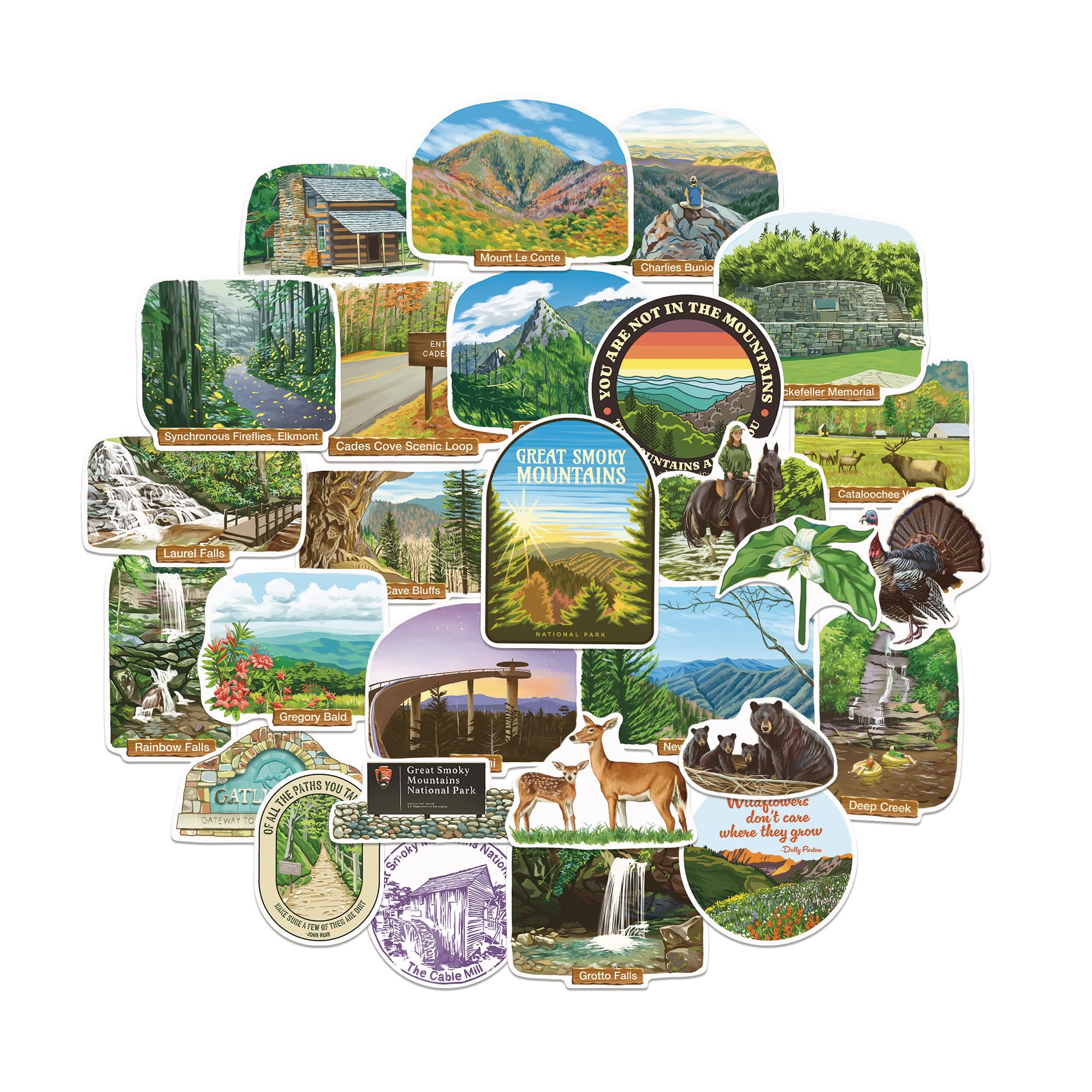 Navy Peony Great Smoky Mountains National Park Stickers (28pcs) - Gouache, America, Nature-Themed Decals for Journals, Scrapbooks, Water Bottles