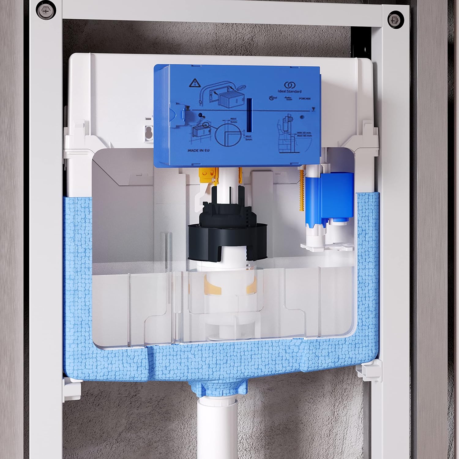 Close-up view of the internal mechanism of the Ideal Standard Prosys 120 R009467 tank, showing the flush valve and SmartValve