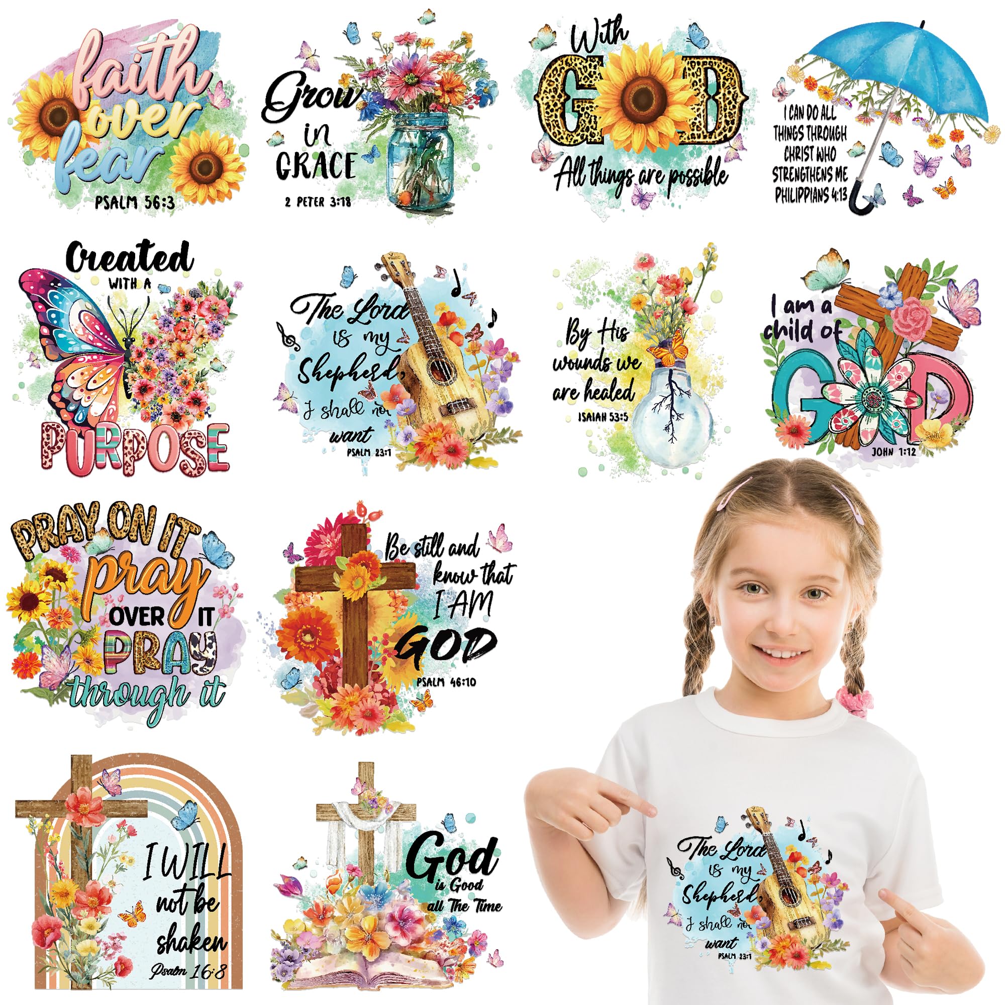 EoBeCy 12 Sheets Christian Bible Verses Iron on Transfers for T-Shirts, Inspirational Quote Flower DTF Transfers Ready to Press Heat Transfers Vinyl,