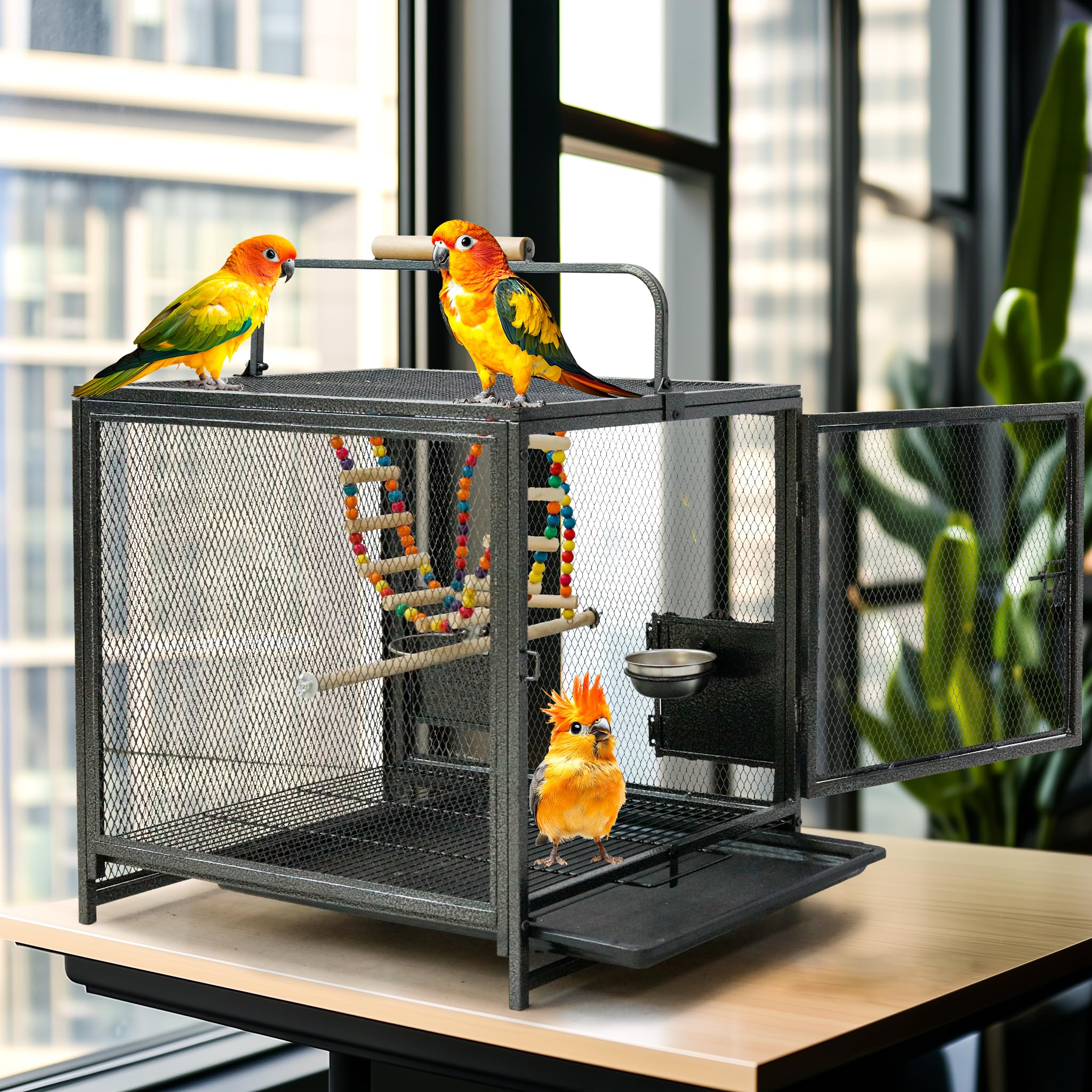 BingoPaw Jala para Loros Jaula Agapornis Grande 58.5x46x56.3cm Jaula para Periquitos Pájaros Bird Cage Gaiola Passaros Canario Ninfas Portable con Columpio, Escalera, 2 Cuencos y Bandeja Extraible
