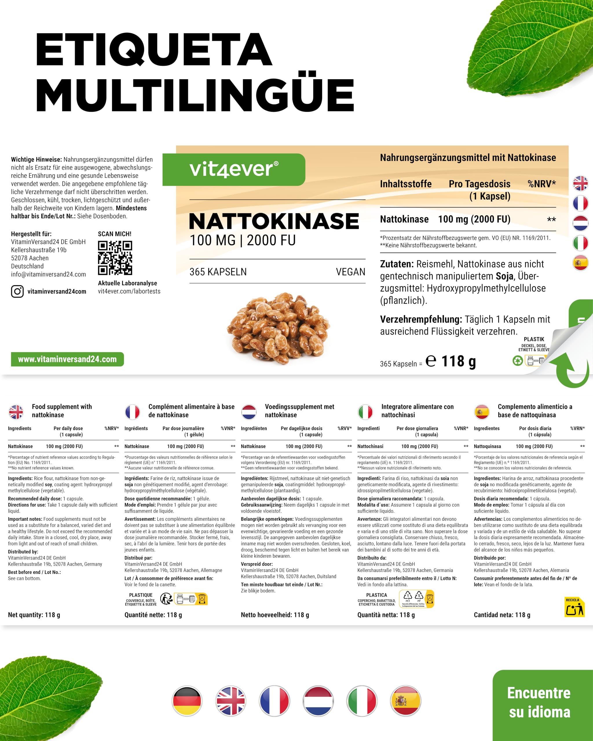 vit4ever Nattokinase - 365 Cápsulas de 100 mg Nattoquinasa (20.000 FU/g) - Suministro para 12 Meses - Alta Dosis - Vegano - Sin OMG - Sin Aditivos No Deseados
