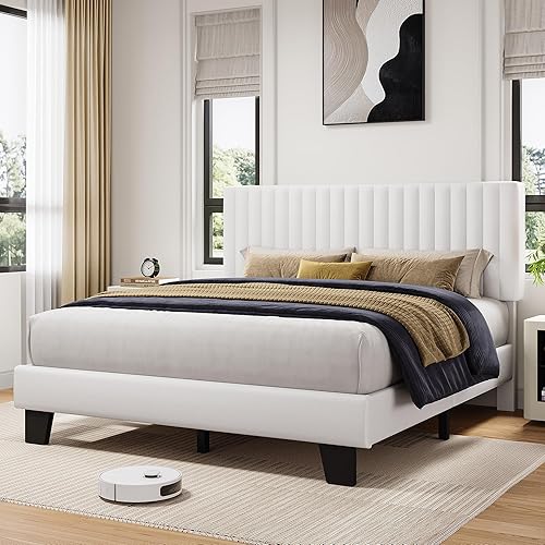 Miniatura 7 de iPormis Base de cama tamaño Queen, plataforma tapizada con cabecera vertical de terciopelo, patas anchas y soporte de listones de madera fuerte, no