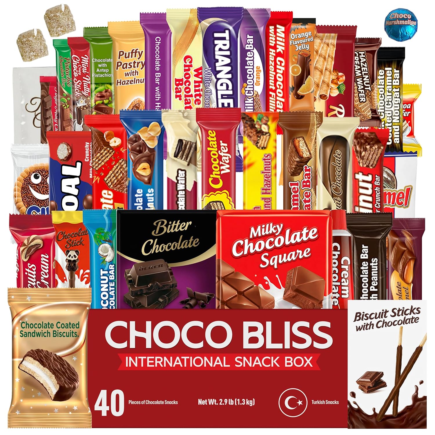 Eastanbul International Snack Box, 40 Chocolate Assortment Bars, Turkish Exotic Snacks, Foreign Exotic Candy, Assorted Chocolate for Adults and for Kids, Gift for Holidays & Birthdays