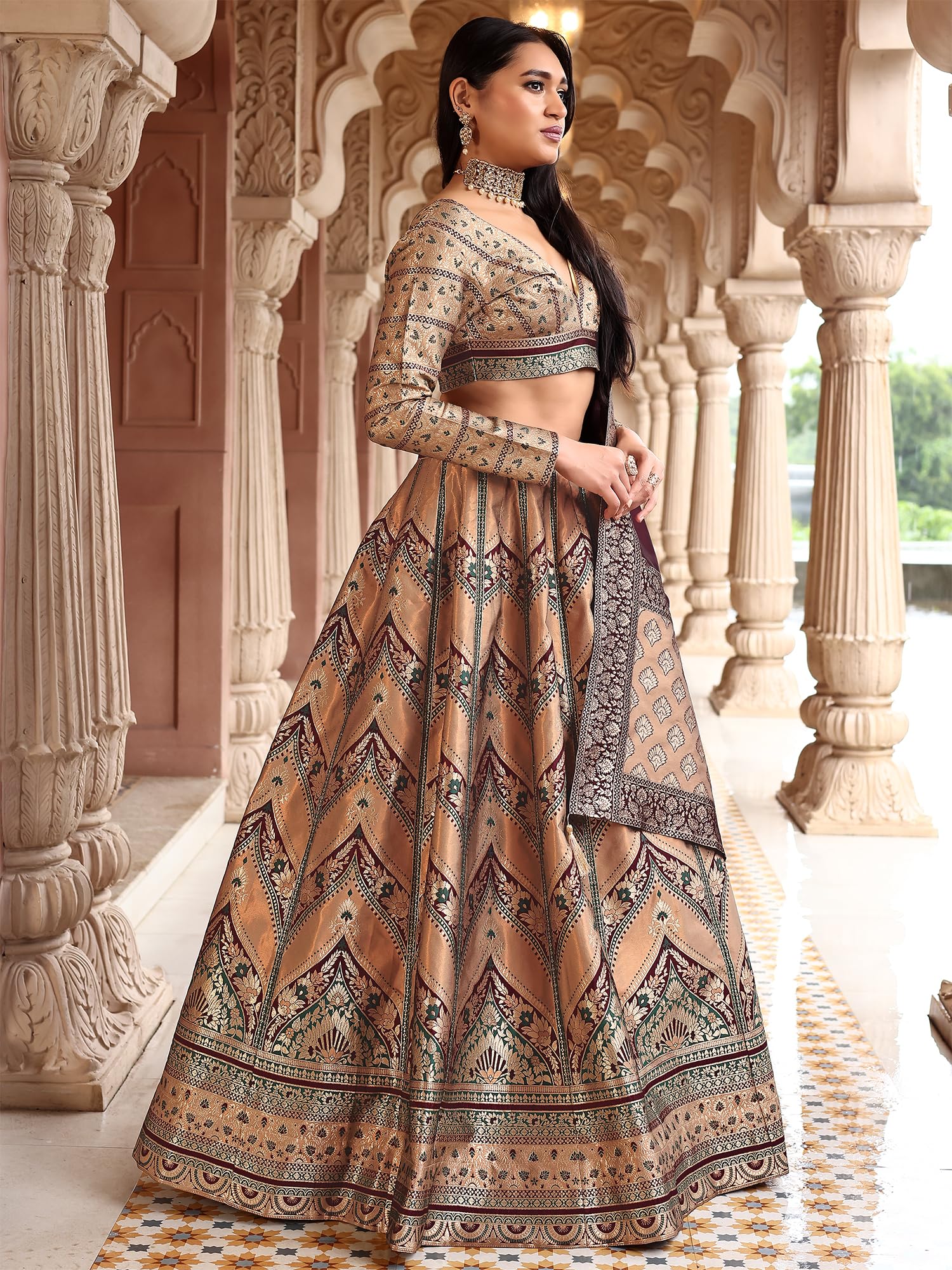 PURVAJA Lehenga Choli damski zestaw ze sztucznego jedwabiu, półszyty