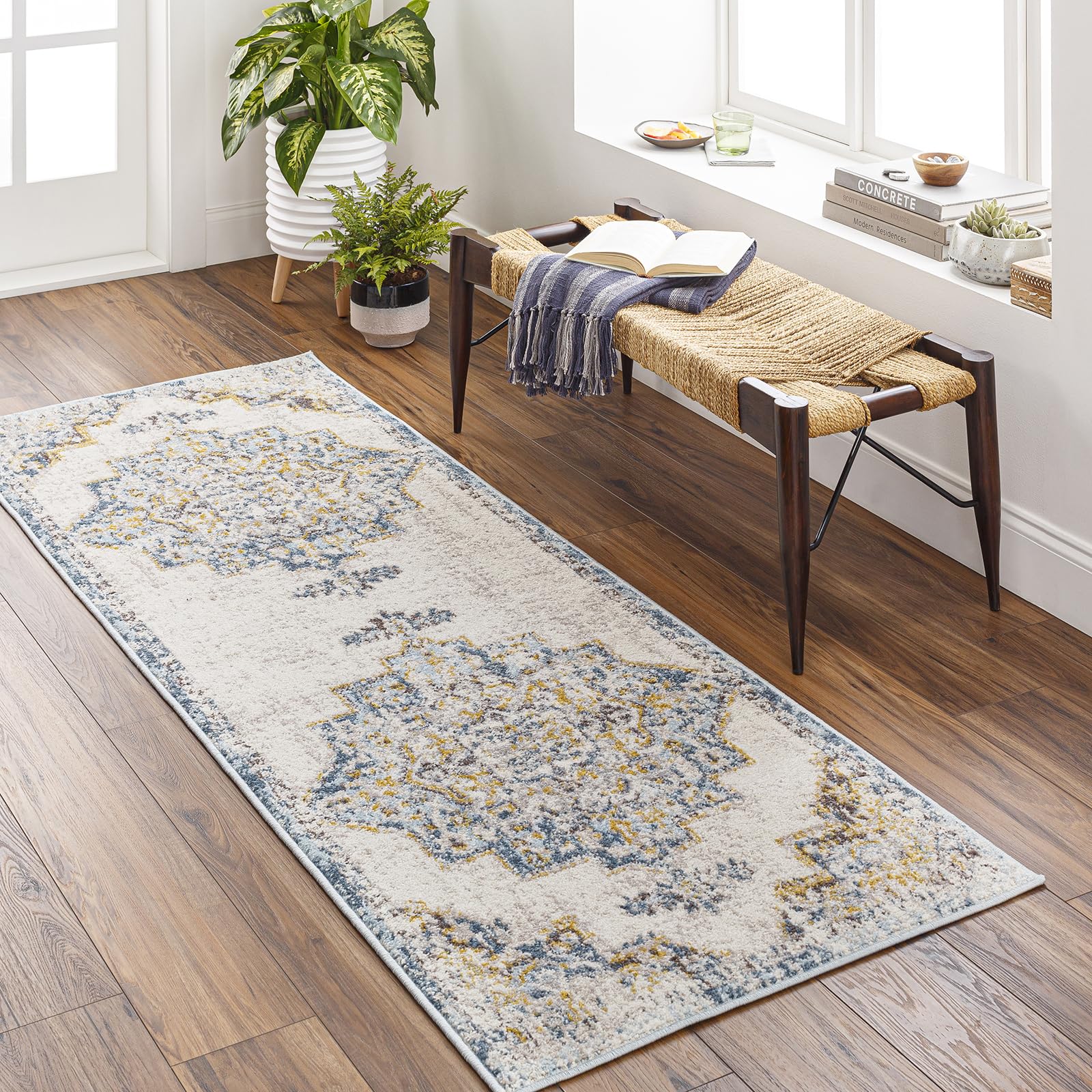 Livabliss Orlando Vintage Rug - Hallway Runner Rugs Living Room 80x220 cm - Scandi Neutral Rug, Traditional Patterned Boho Style, Natural Easy Care Pile - Hallway Runners, Blue, Mustard and Beige