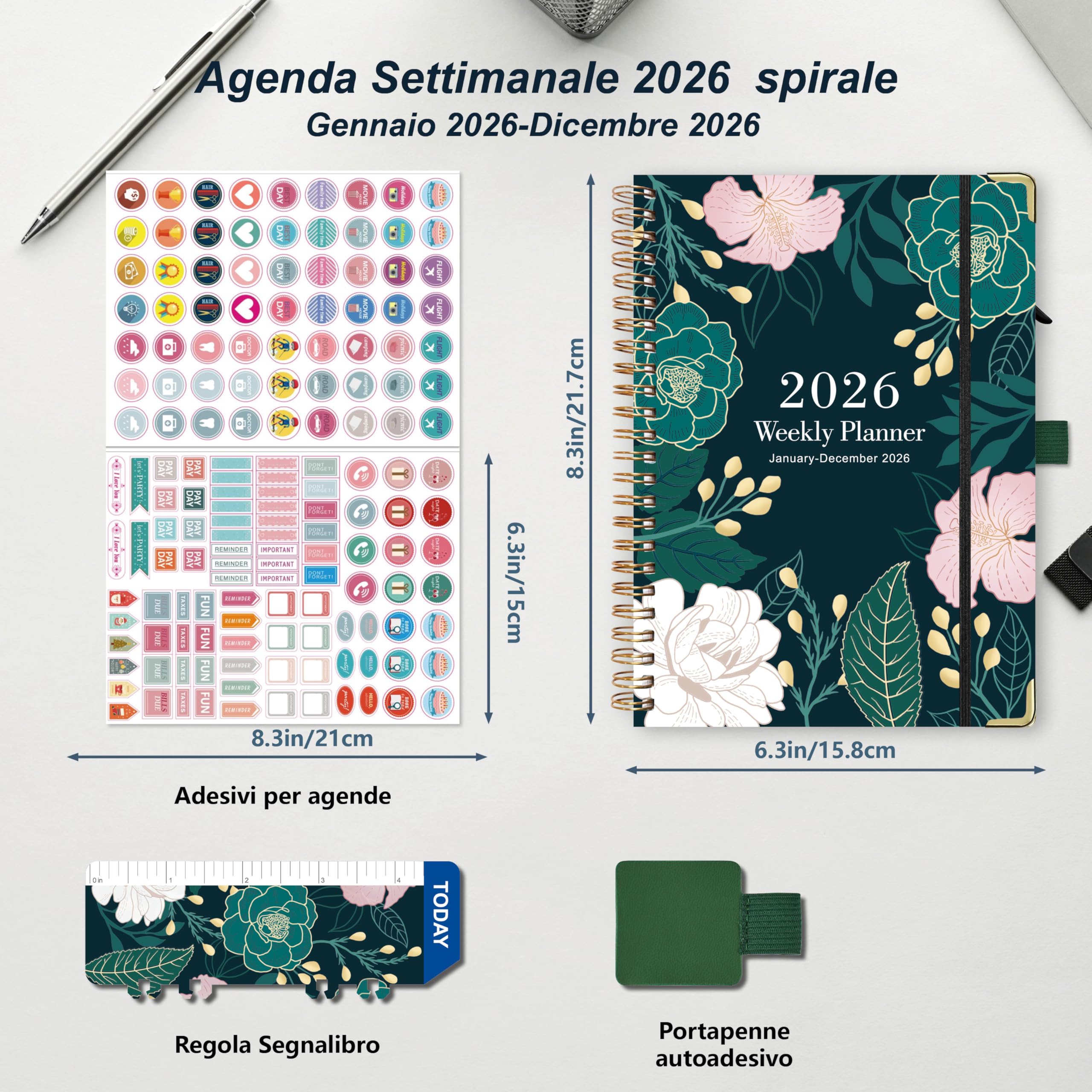 NEYSA Agenda 2026 Settimanale spirale, Diario Scuola A5 Da gennaio a dicembre 2026 (12 mesi) agenda scolastica con passante per penna, righello segnalibro e adesivi - 21,7 X 15,8 cm (Verde e rosa)