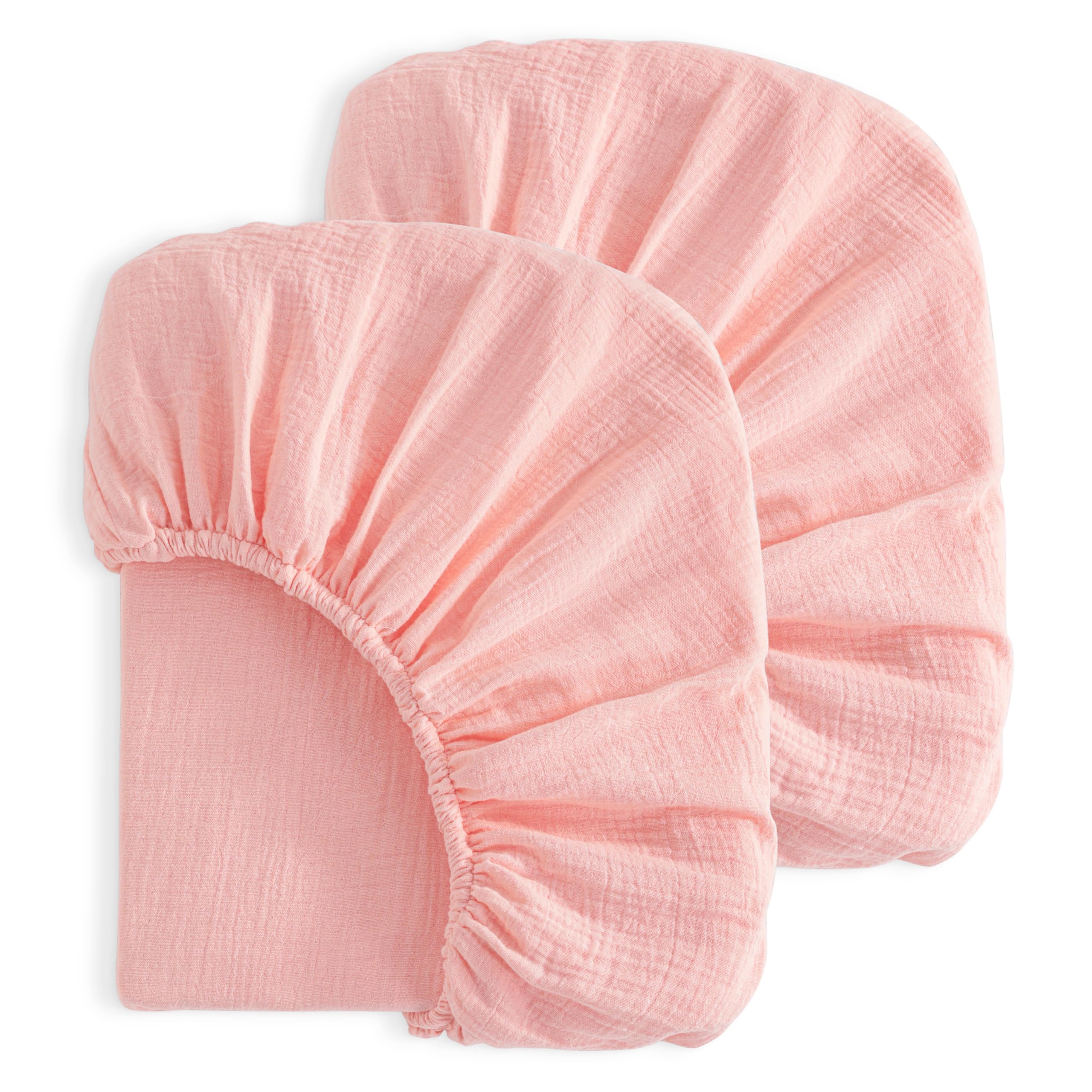 NTBAY Crib Muslin Fitted Sheets, 2 Pack, 28 x 52, Coral Pink | Double-layer Muslin Cotton Sheets with Full Elastic for Compatible 28 x 52 Inch Standard Crib Mattresses, 2 Fitted Sheets