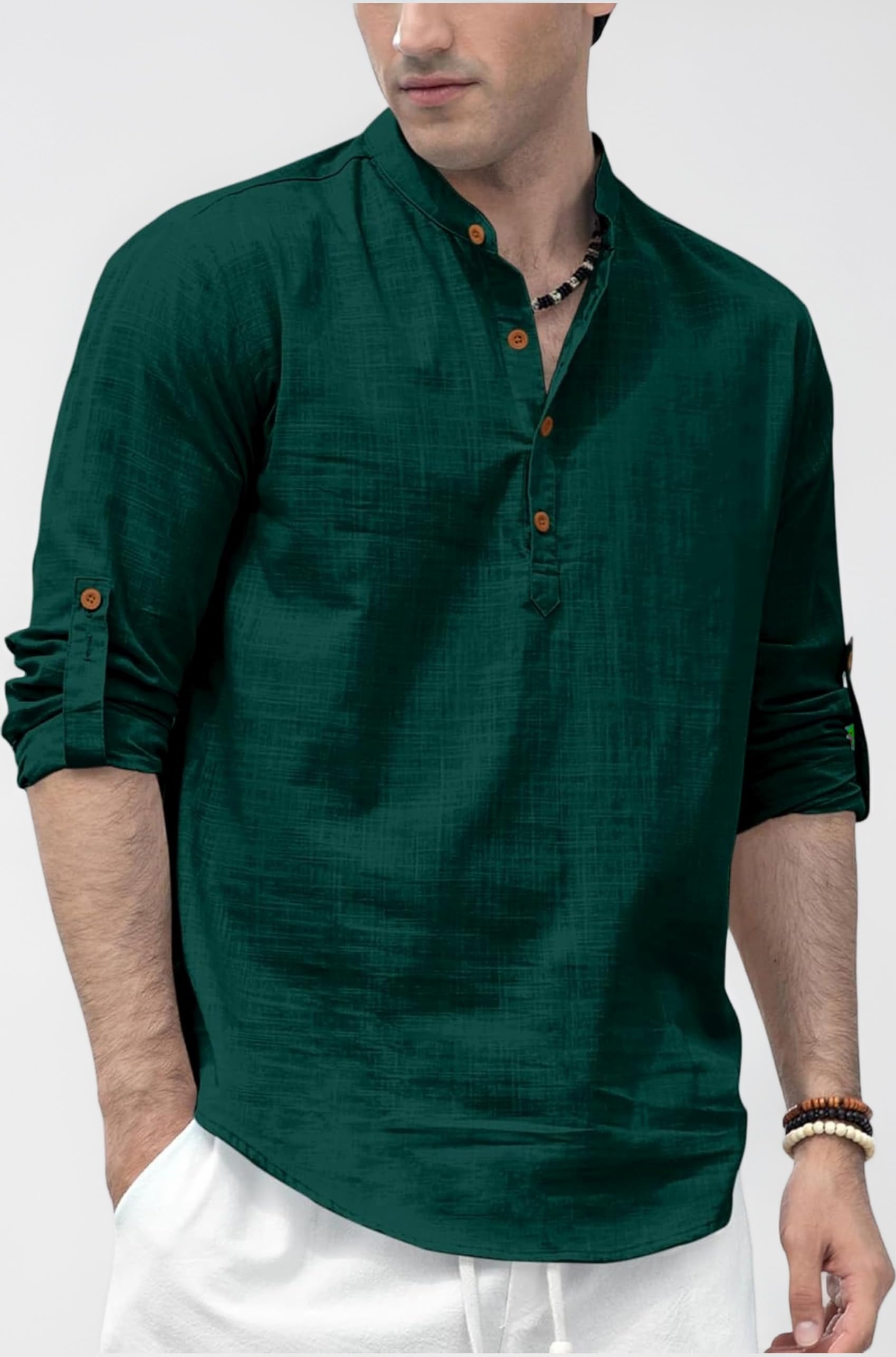 Men's Solid Cotton Polyester Blend Straight Kurta Shirt, Regular Fit Full Sleeve Short Kurta Shirt