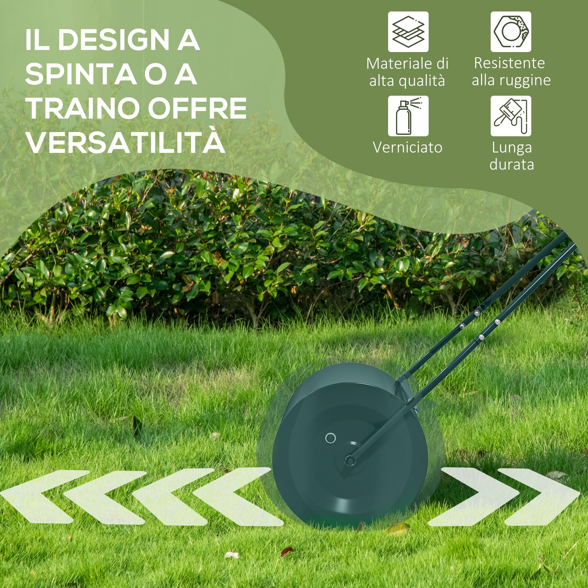 Outsunny Rullo per Prato da 30L di capacità con Maniglia Imbottita, Rullo Giardino in Acciaio Riempibile con Acqua/Sabbia, 102x50x30 cm, Verde Scuro