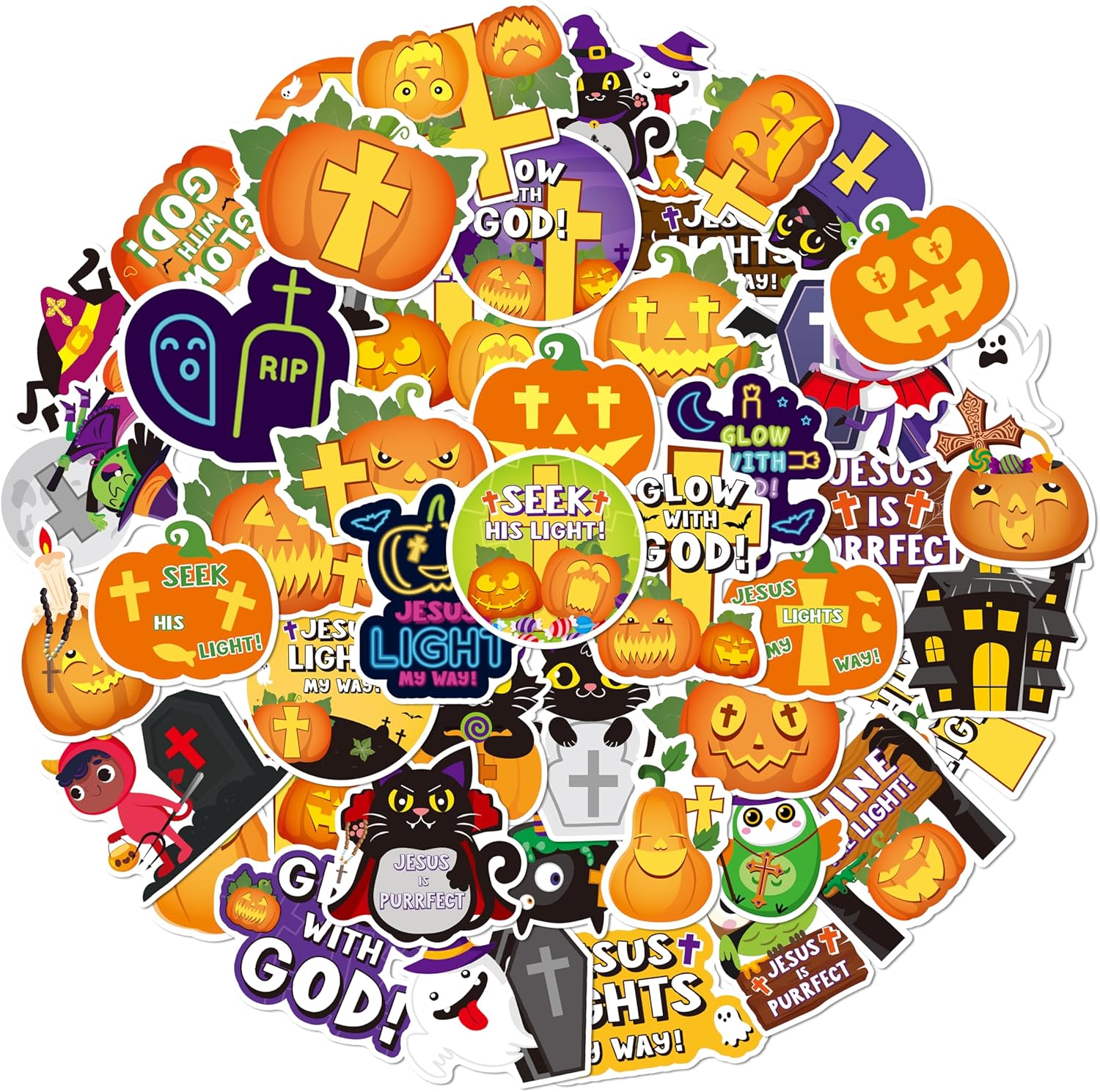 ANGOLIO 50Pcs Halloween Stickers for Kids, Cute Cartoon Pumpkins Witch Black Cat Christian Crosses Vinyl Waterproof Decals for Water Bottles Notebooks Laptop