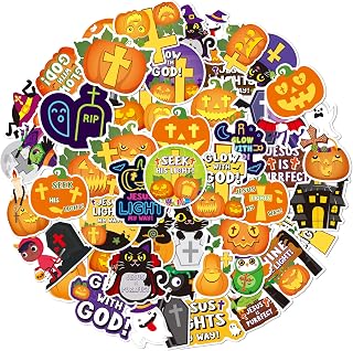 ANGOLIO 50Pcs Halloween Stickers for Kids, Cute Cartoon Pumpkins Witch Black Cat Christian Crosses Decals Bulk, Halloween Vinyl Waterproof Decals Decorative Stickers for Water Bottles Notebooks Laptop