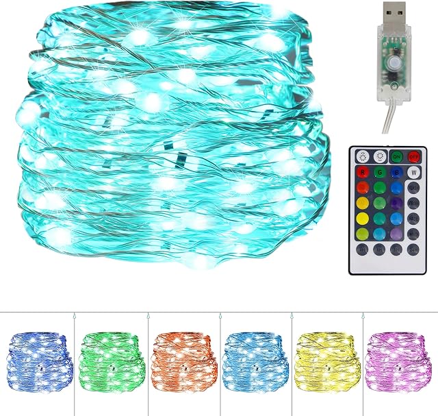 Twinkle Star USB Fairy String Lights, 33Ft 100 LED Waterproof 16 Colors Changing Sliver Wire Lights with 4 Lighting Modes Remote Control for Craft Bedroom Ceiling Halloween Christmas Decoration