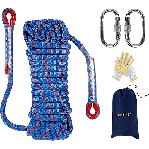 Indoor Outdoor Climbing Rope, 10/12/14mm (32FT/49FT/65FT/98FT) Static Rock Climbing Rope for Escape Rope, Ice Climbing Equipment, Fire Safety Rescue Rope, with Non Slip Gloves