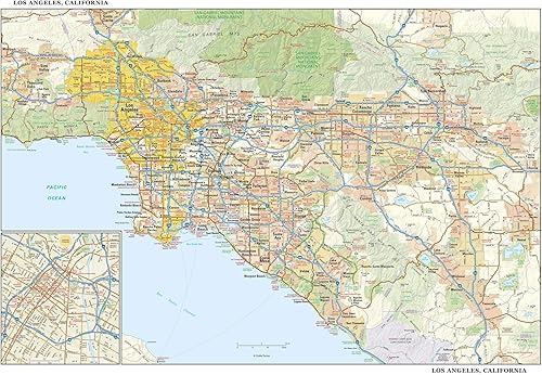 Los Ángeles, California mapa de pared, grande, laminado de 43 x 29 pulgadas