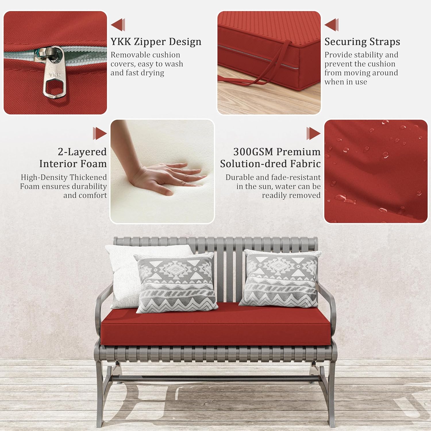 Outdoor Bench Cushion 36 X 18 X 3.5 Inch Thick Waterproof Patio Furniture Cushions, Patio Porch Swing Replacement Seat Pad with Tie Straps and Anti-Slip, for Backyard Garden, Terra Red