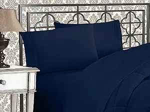 Elegant Comfort Luxurious 1500 Premium Hotel Quality Microfiber Three Line Embroidered Softest 4-Piece Bed Sheet Set, Wrinkle and Fade Resistant, Full, Navy Blue