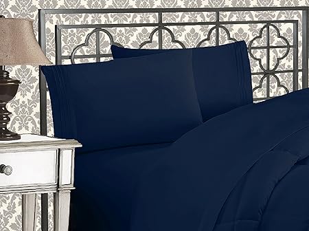 Elegant Comfort Luxurious 1500 Premium Hotel Quality Microfiber Three Line Embroidered Softest 4-Piece Bed Sheet Set, Wrinkle and Fade Resistant, Full, Navy Blue