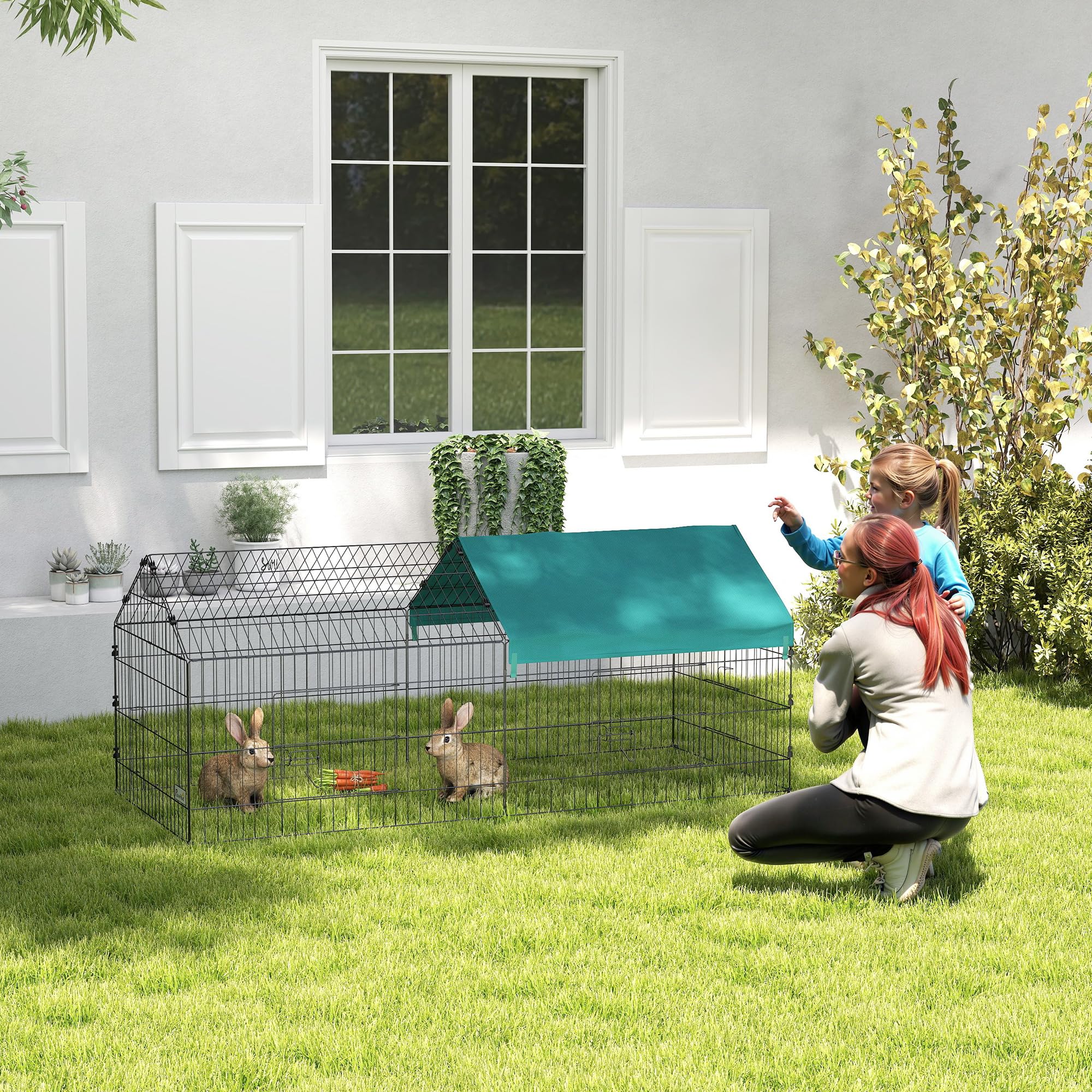 PawHut Jaula para Animales Pequeños Jaula para Roedores de Acero con Puertas y Tela Superior para Conejos Chinchillas Gallinas 185x75x75 cm Verde