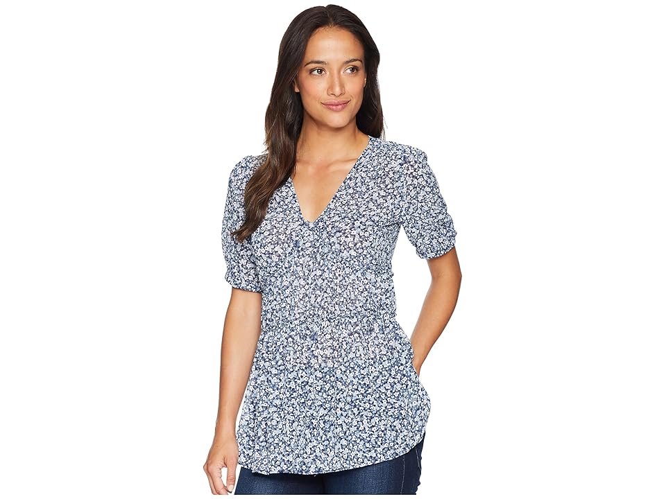 

MICHAEL Michael Kors Collage Floral Short Sleeve Top (True Navy/Light Chambray) Women's Clothing
