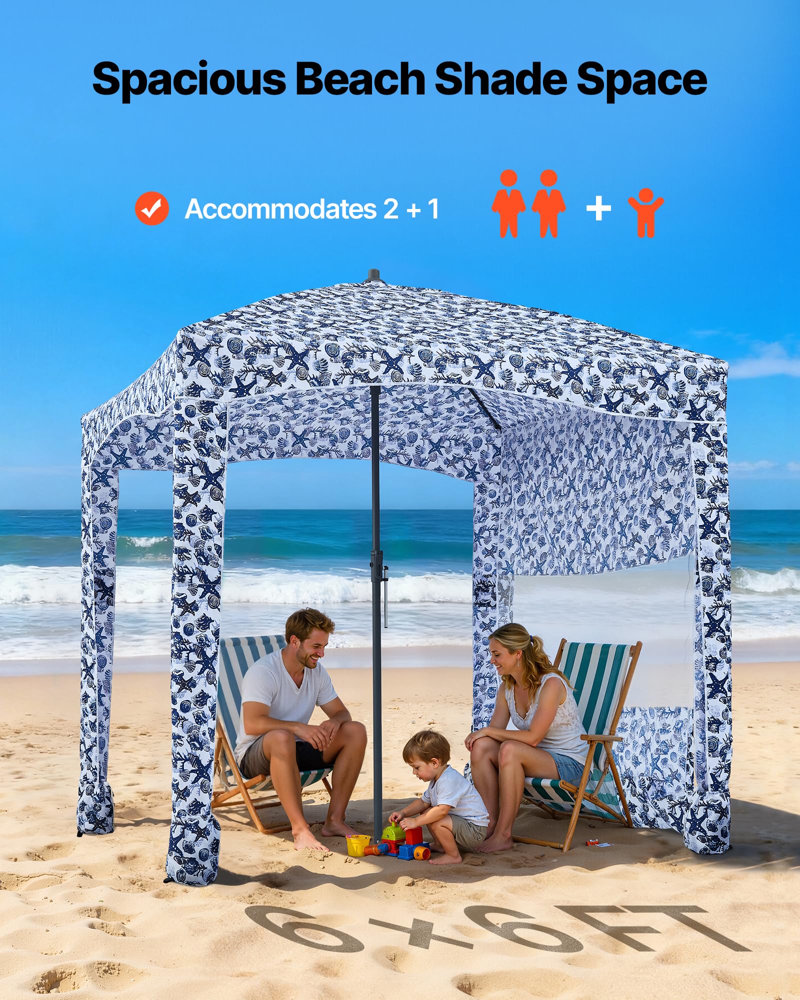 VEVOR Parasole da Spiaggia Portatile 1830 x 1830 x 2290 mm, con Parete Laterale e Tasche per la Sabbia, Ombrellone Parasole Portatile Regolabile in Altezza per Famiglia e Amici, Blu Scuro con Motivi