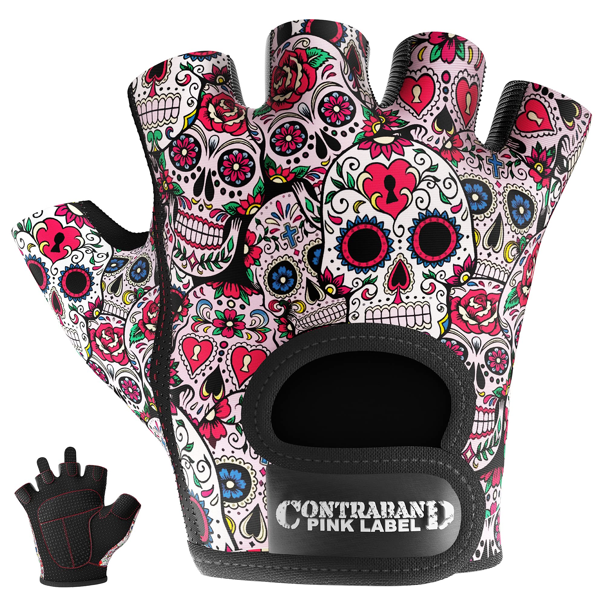 Contraband Pink Label 5237 - Guantes de musculación para mujer con diseño de calaveras (par), Medium, Blanco