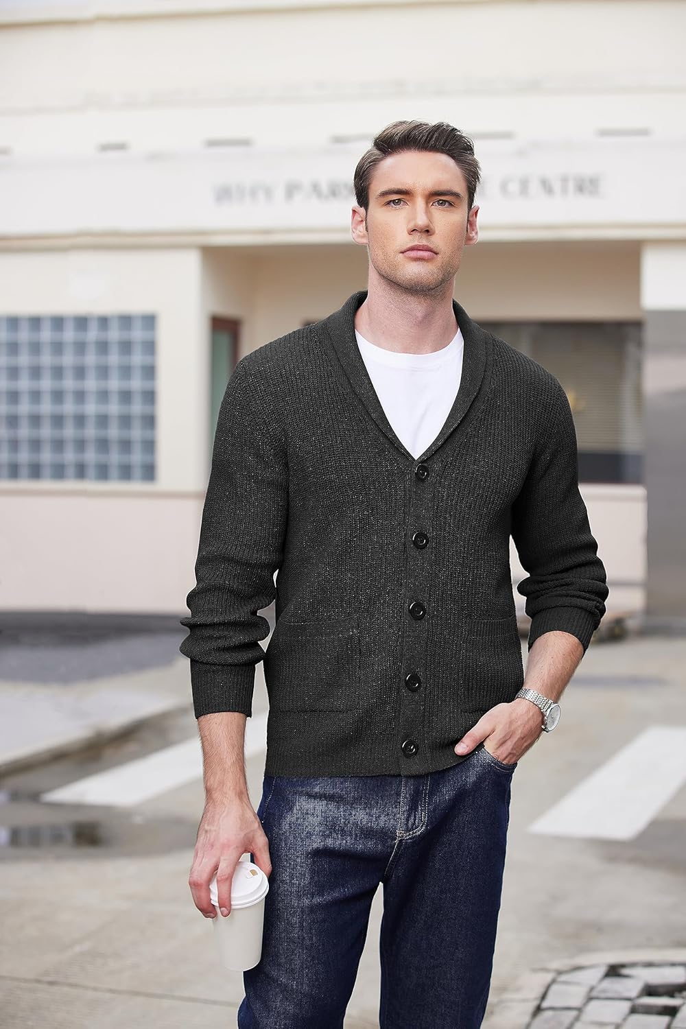 COOFANDY Men's Shawl Collar Cardigan Sweater Slim Fit Cable Knit Button up Sweater with Pockets - Image 2