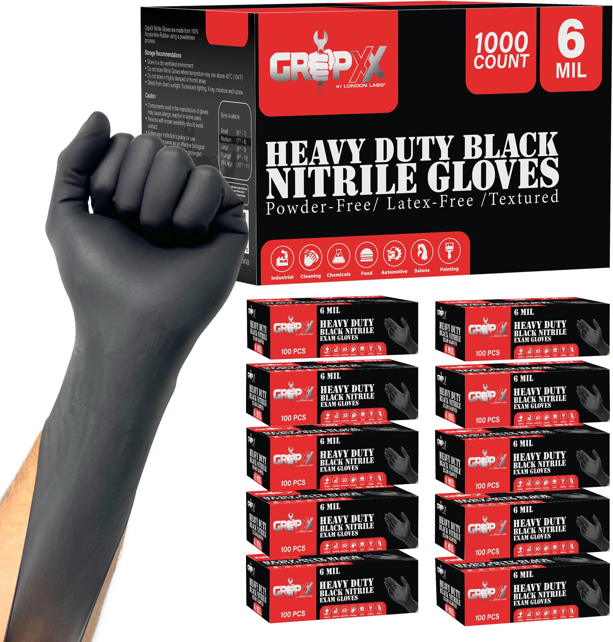 London Labs Heavy Duty Black Nitrile Gloves 6Mil Disposable Industrial Powder & Latex Free (Large, 1000 Count)